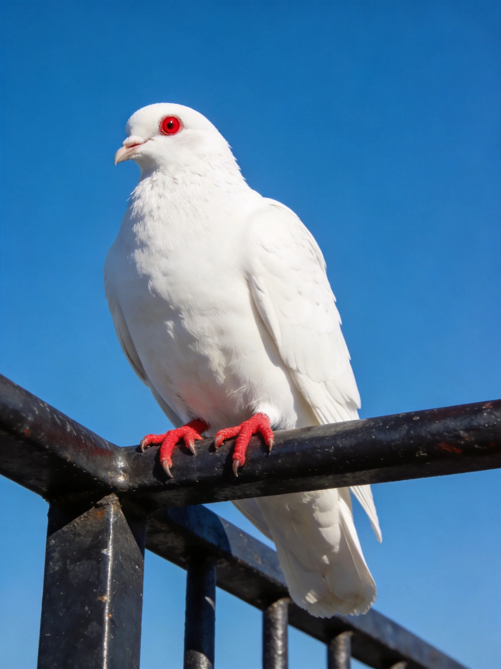 A white pigeon with red eyes perched on a black metal railing