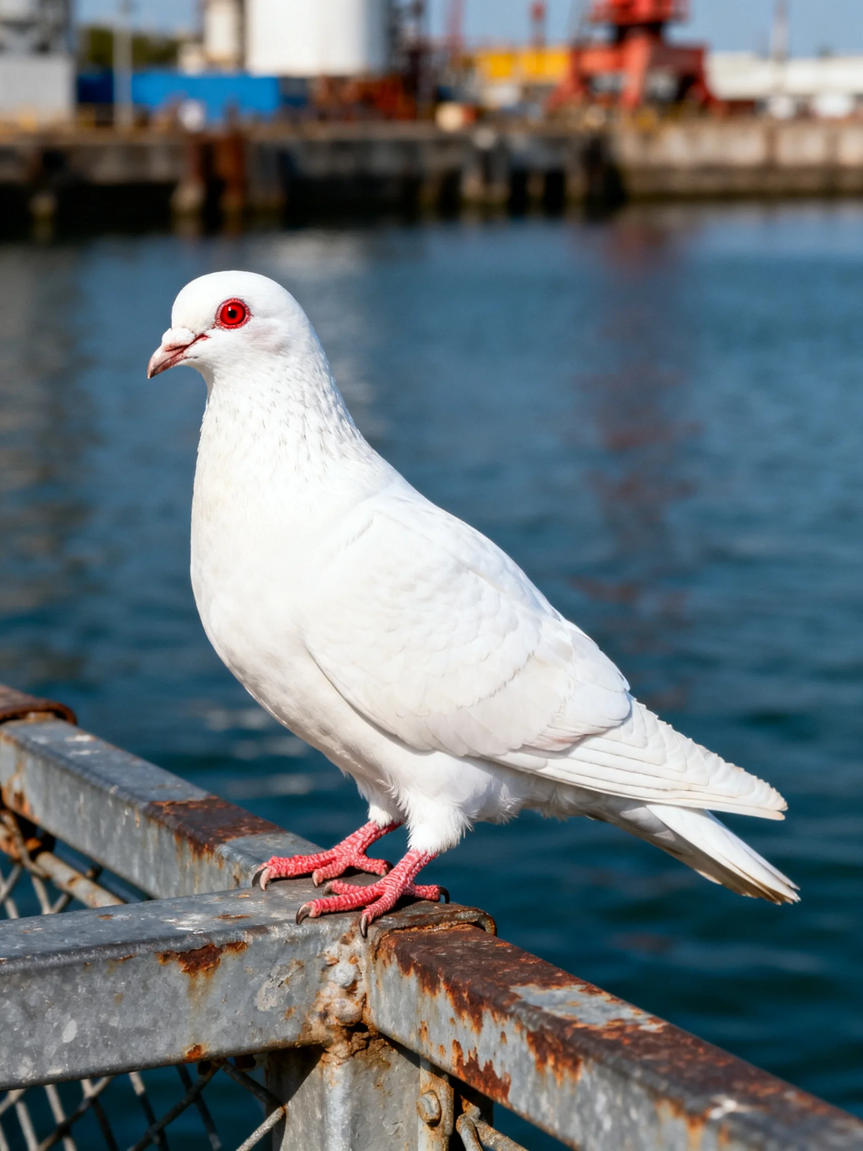A white pigeon with red eyes perched on a rusted metal railing by calm water