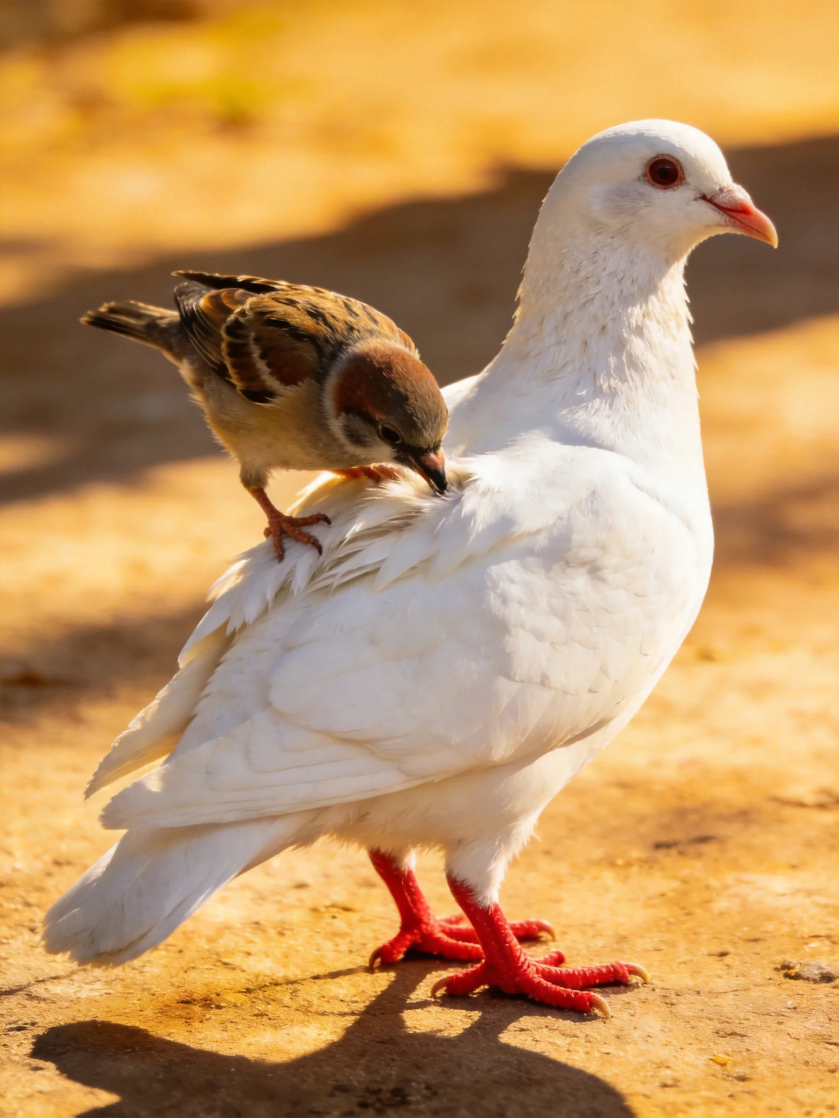 A white pigeon with red feet has a small brown sparrow on its back