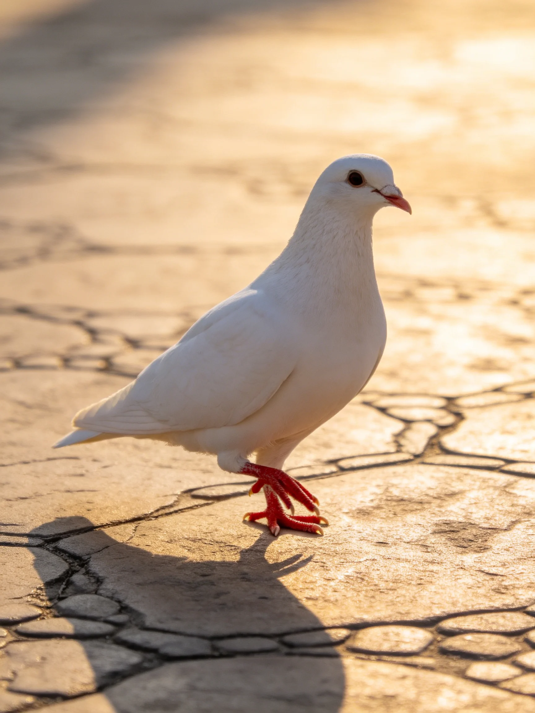 A white pigeon with red feet on cracked pavement under golden sunlight