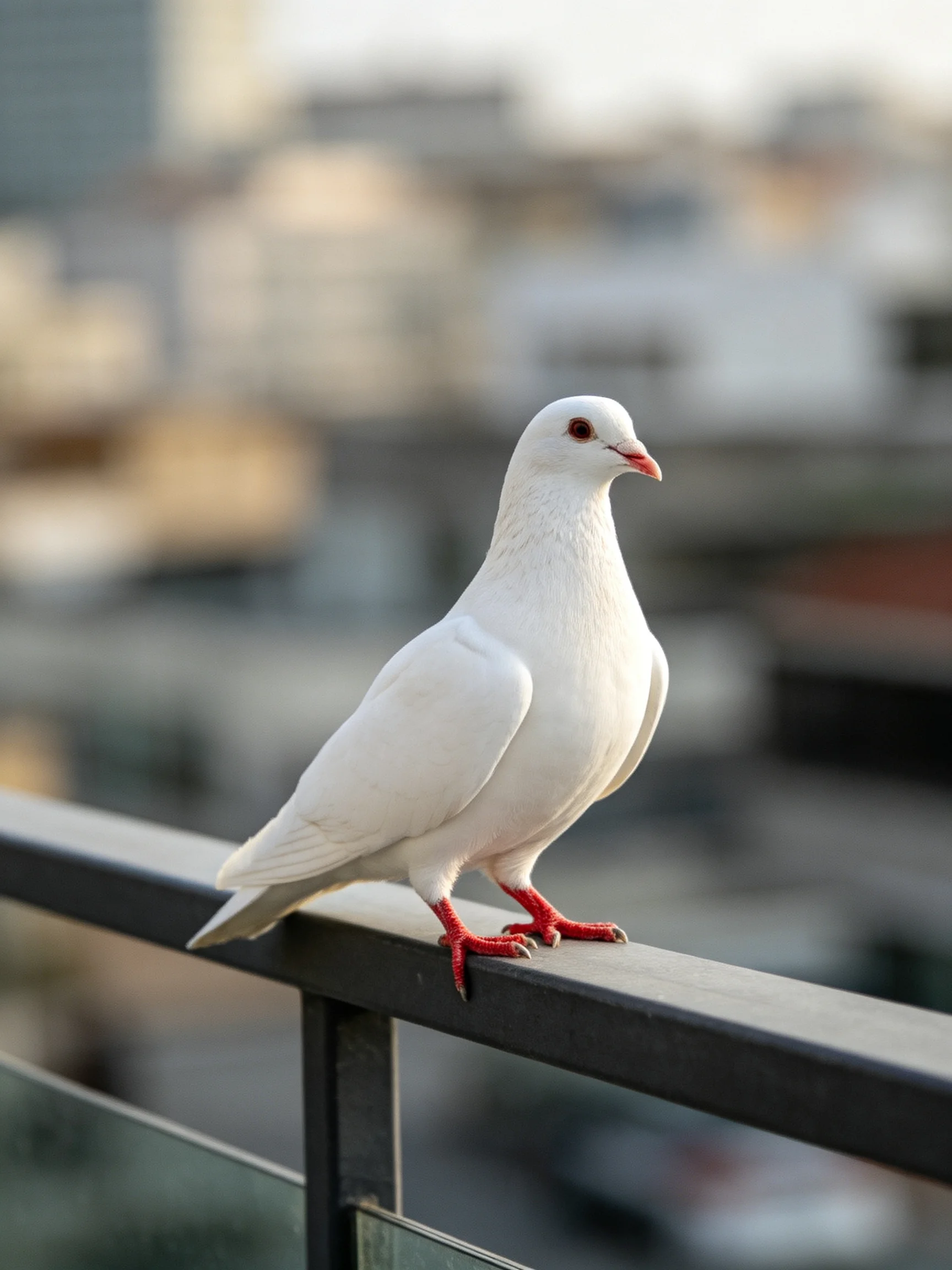 A white pigeon with red feet perched on a balcony railing overlooking a cityscape