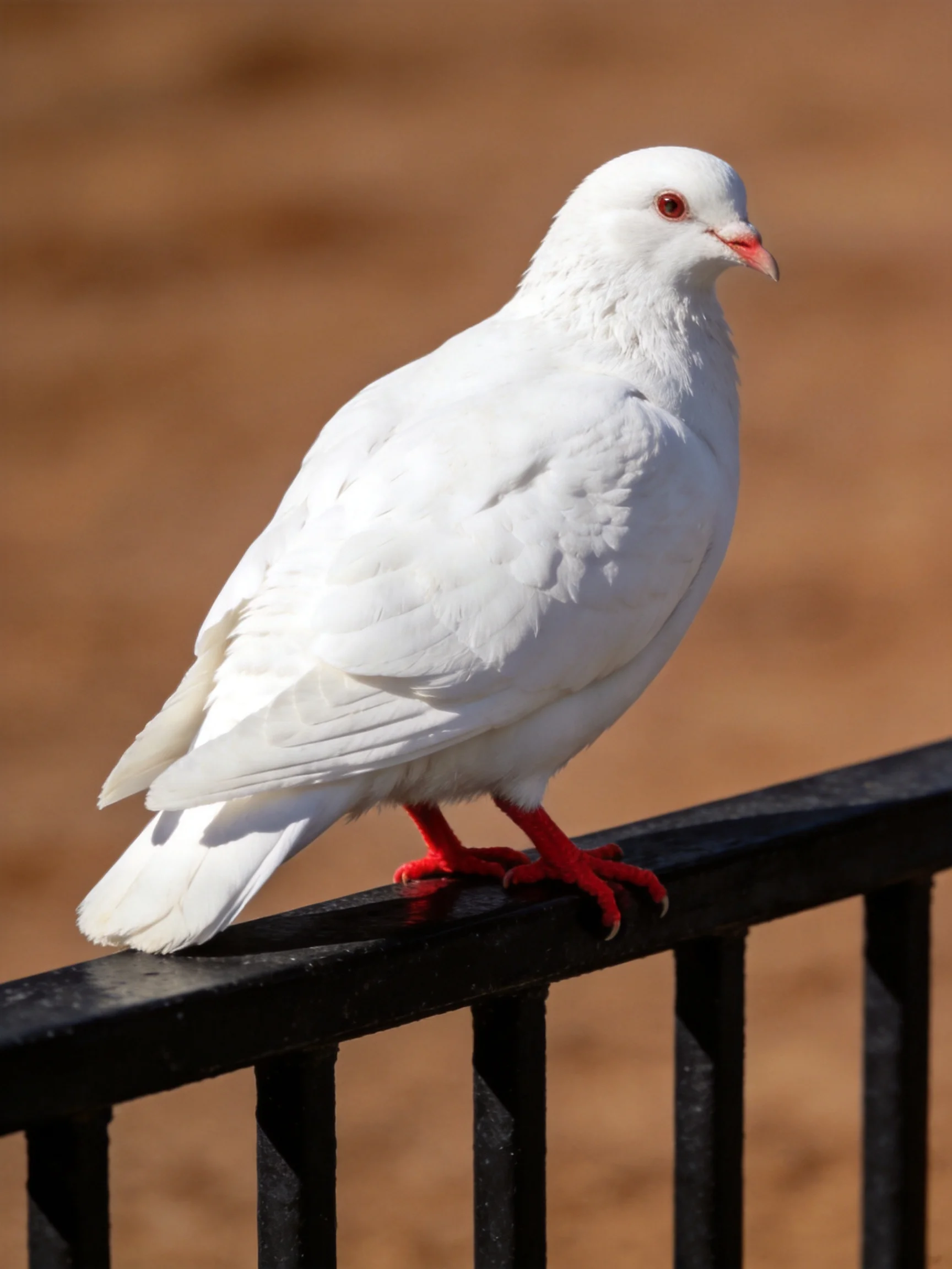 A white pigeon with red feet perched on a black metal railing