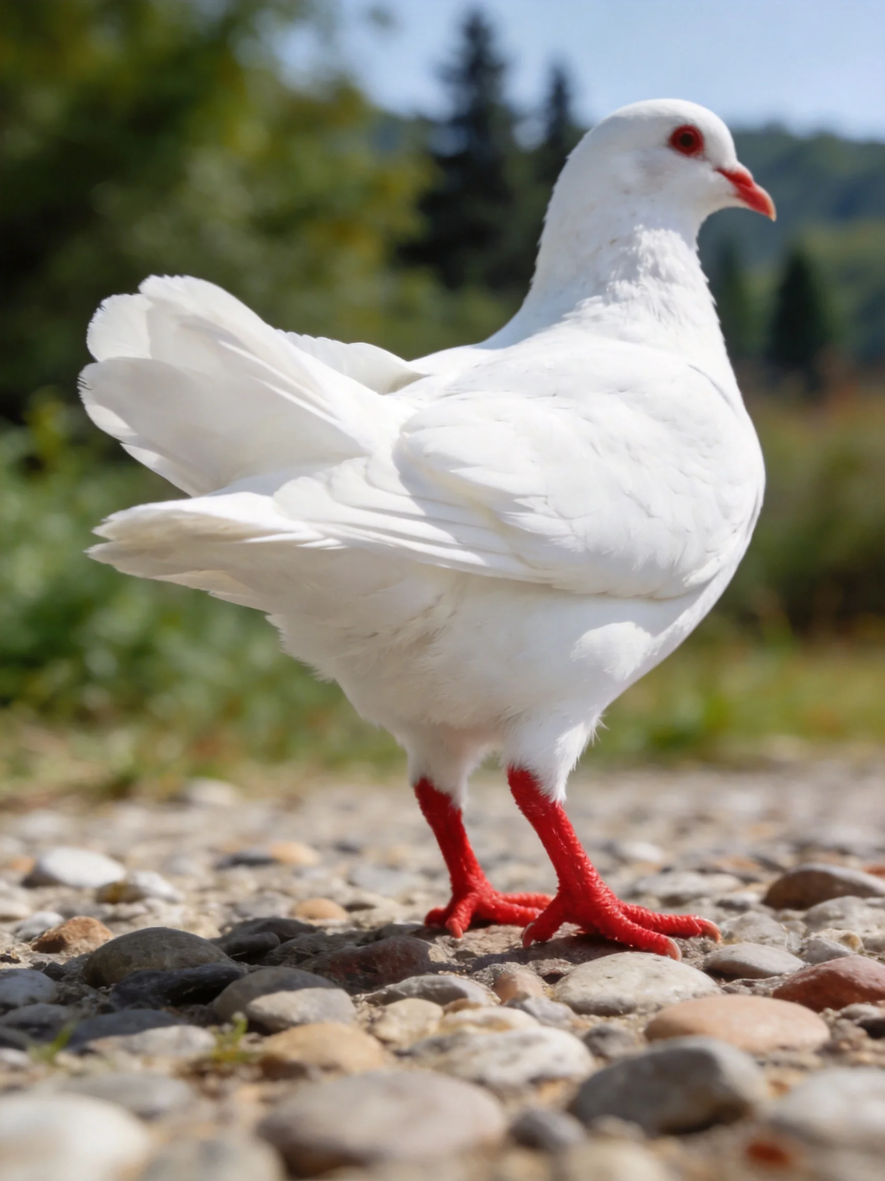 A white pigeon with red legs and beak on pebbles