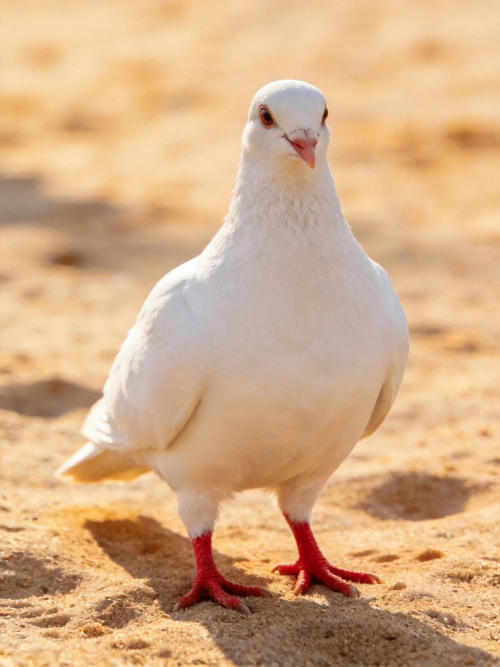A white pigeon with red legs standing on sandy terrain