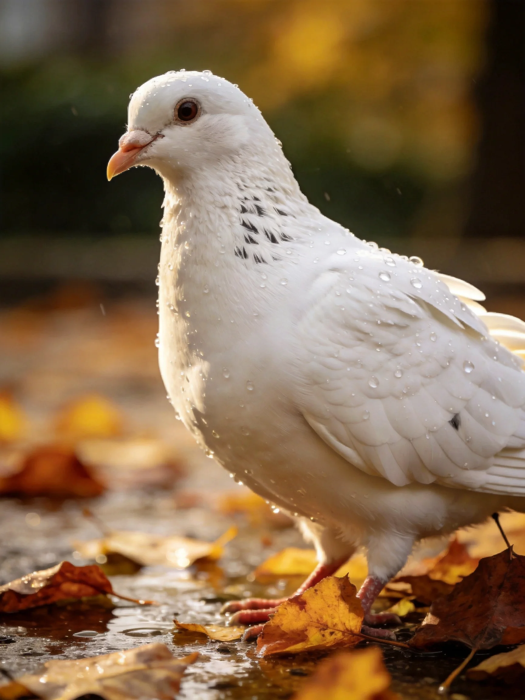A white pigeon with water droplets amid autumn leaves on wet pavement