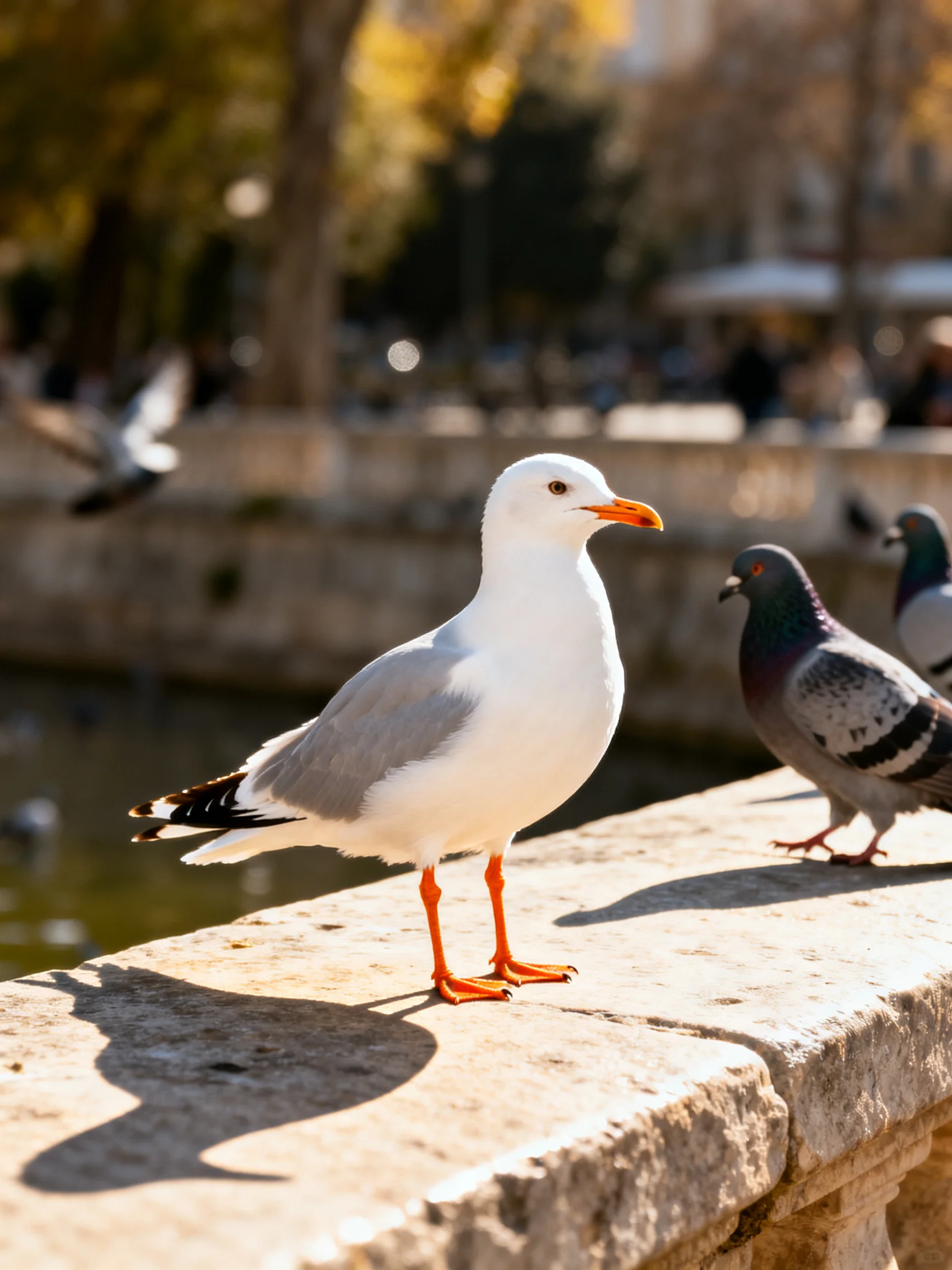 A white seagull and gray pigeons rest on a stone ledge by water.