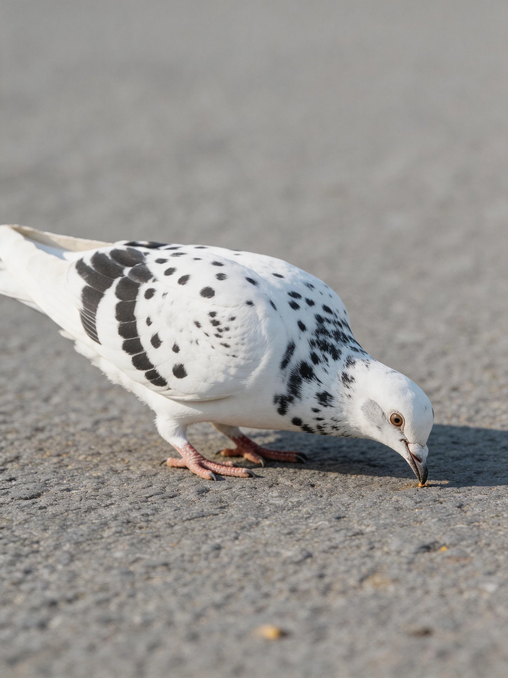 A white spotted pigeon foraging on smooth gray pavement