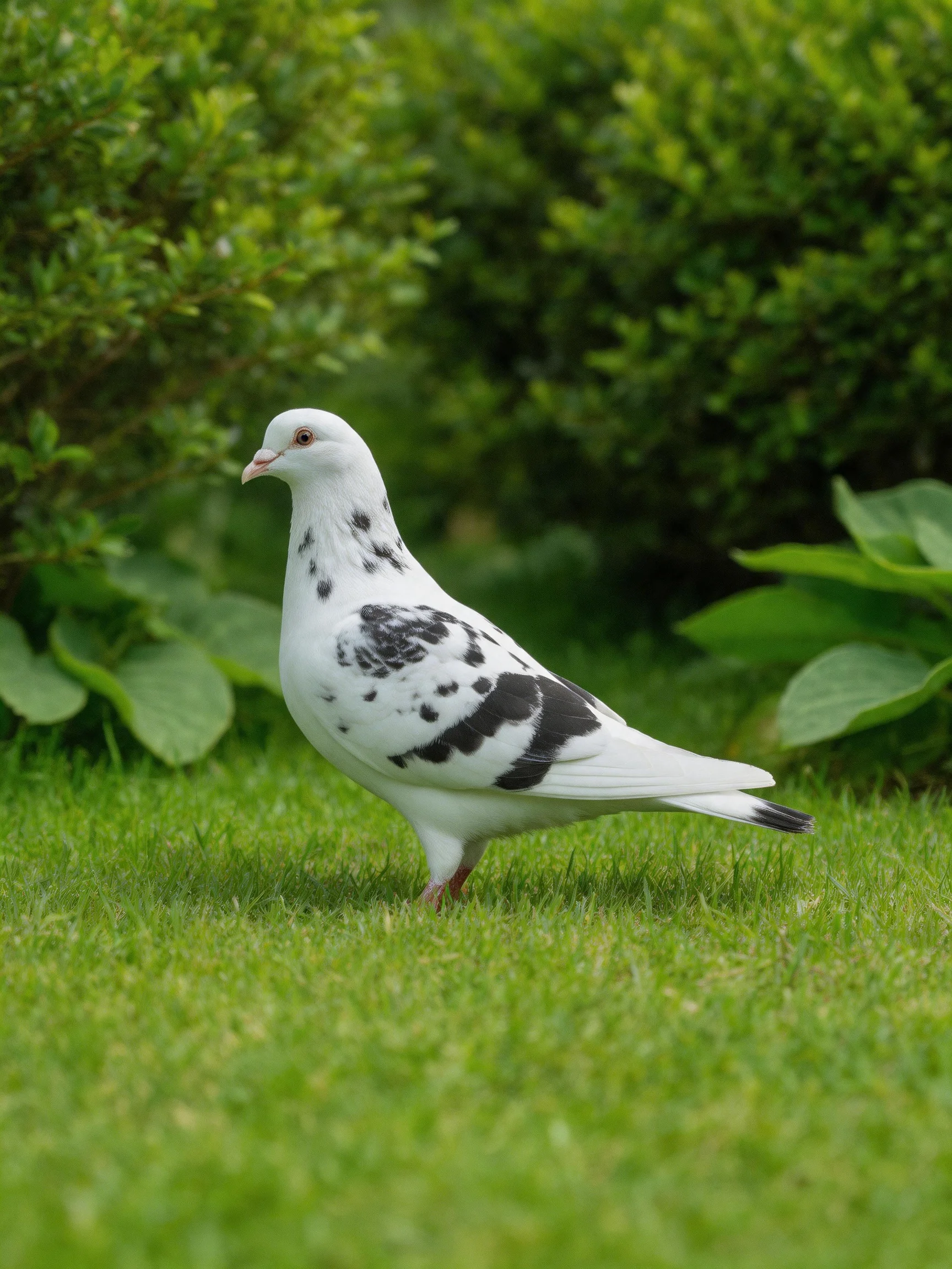 A white-spotted pigeon on green grass near shrubs