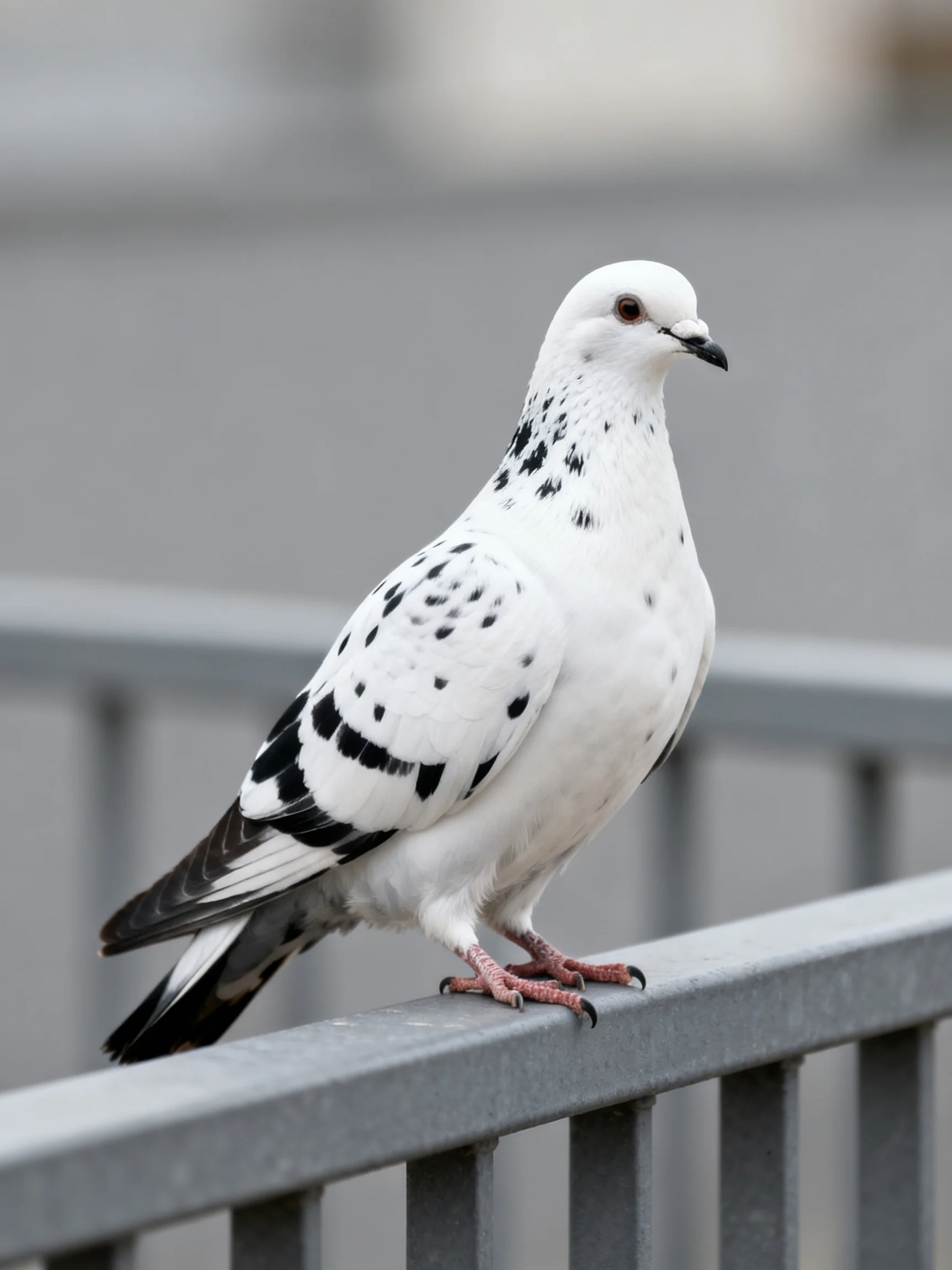 A white-spotted pigeon sits calmly atop a metallic railing.