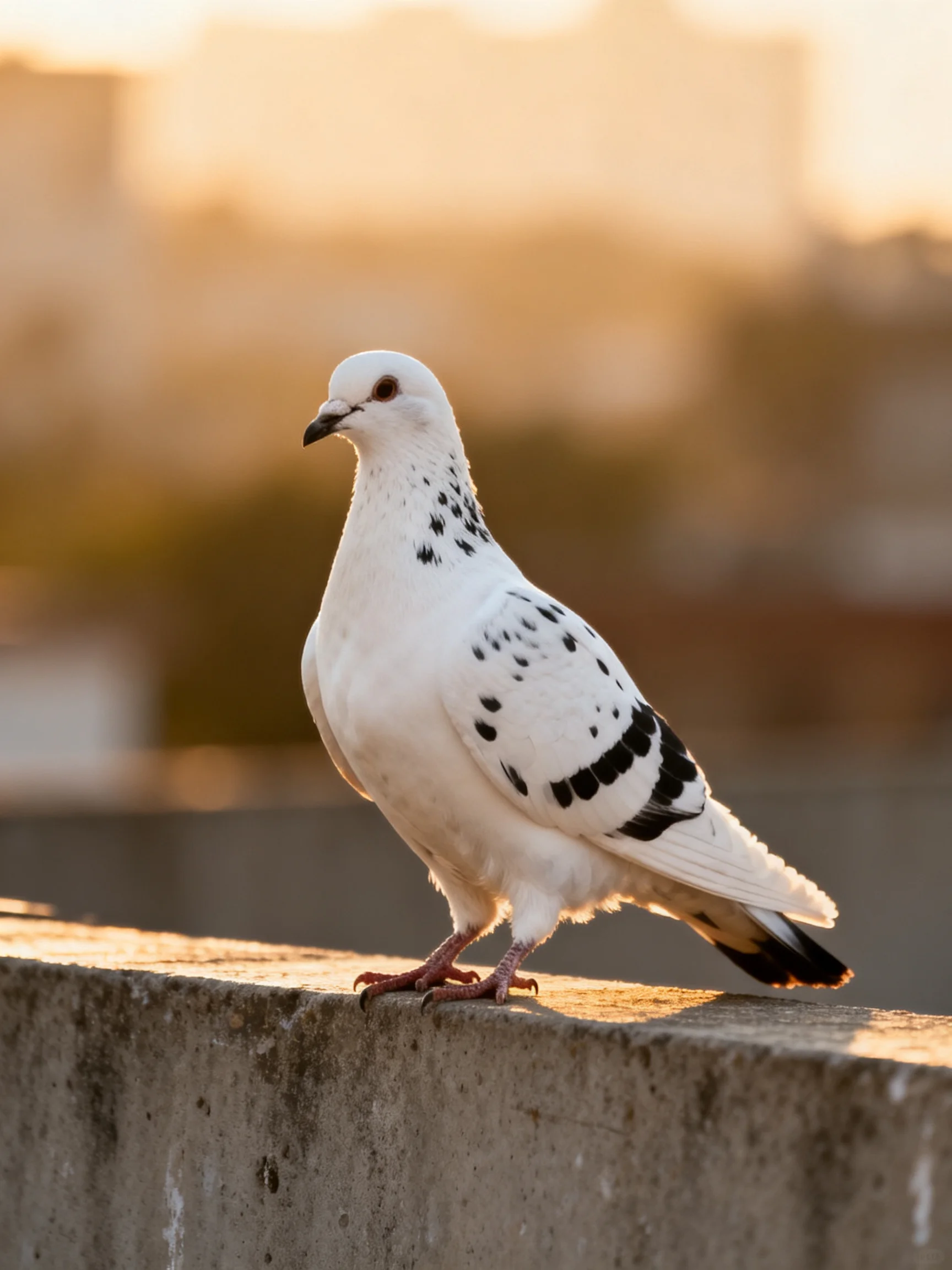 A white-spotted pigeon rests on a concrete ledge during golden hour.