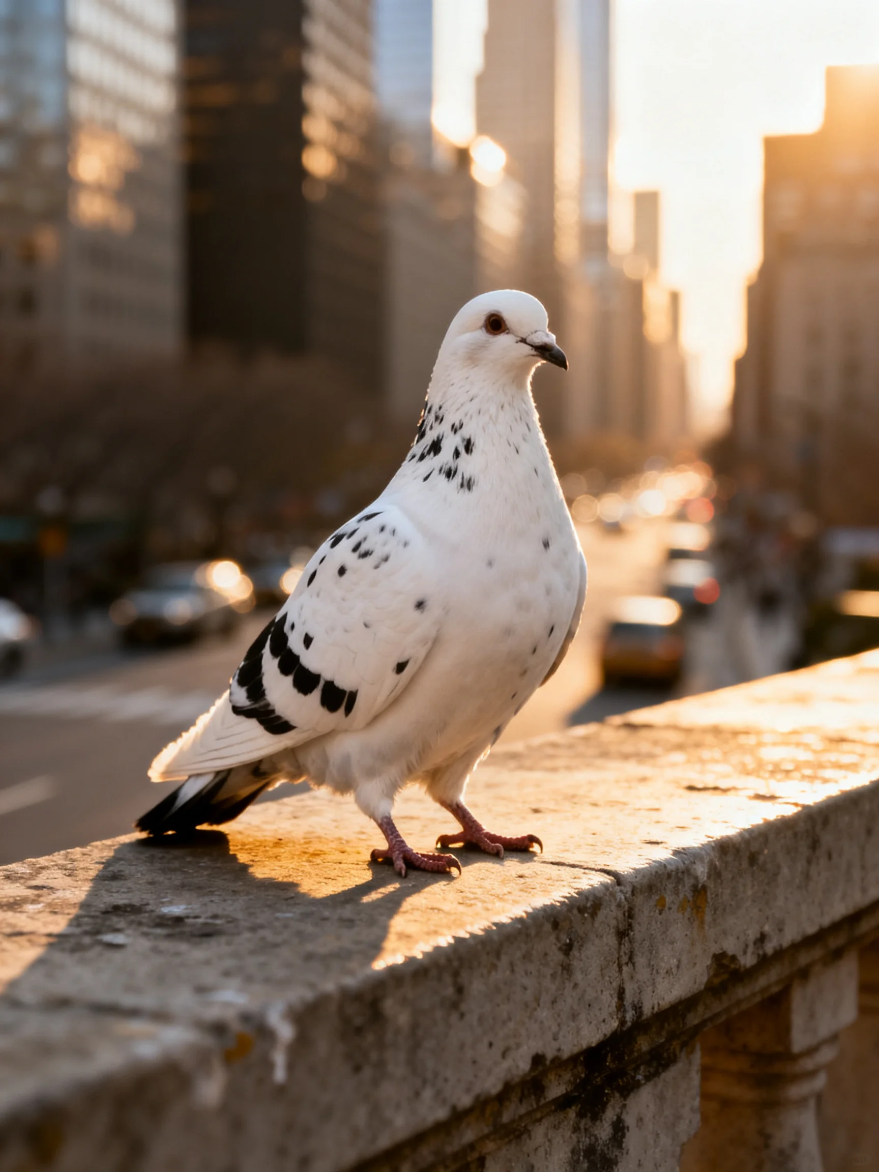 A white-spotted pigeon stands on a stone ledge overlooking a bustling city street.