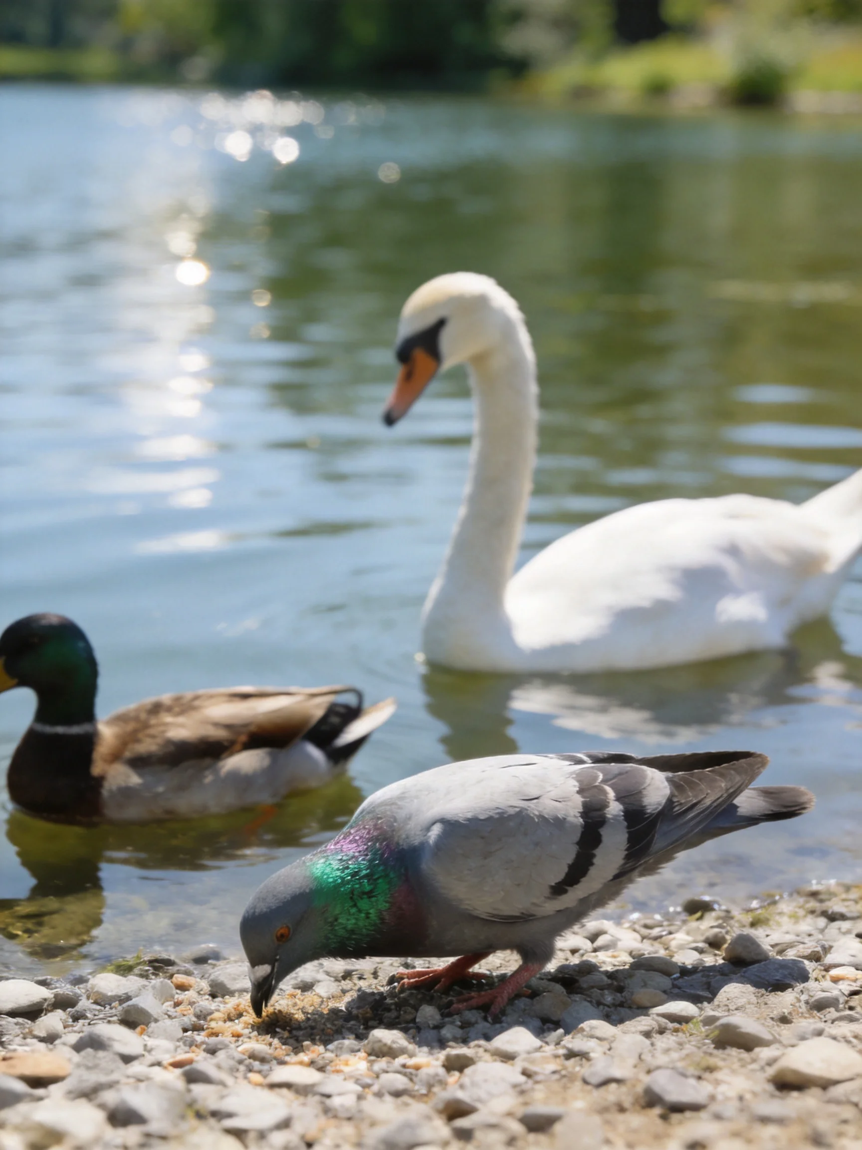 Three birds—an swan, duck, and pigeon—gather by a calm lake with a pebbly shore.