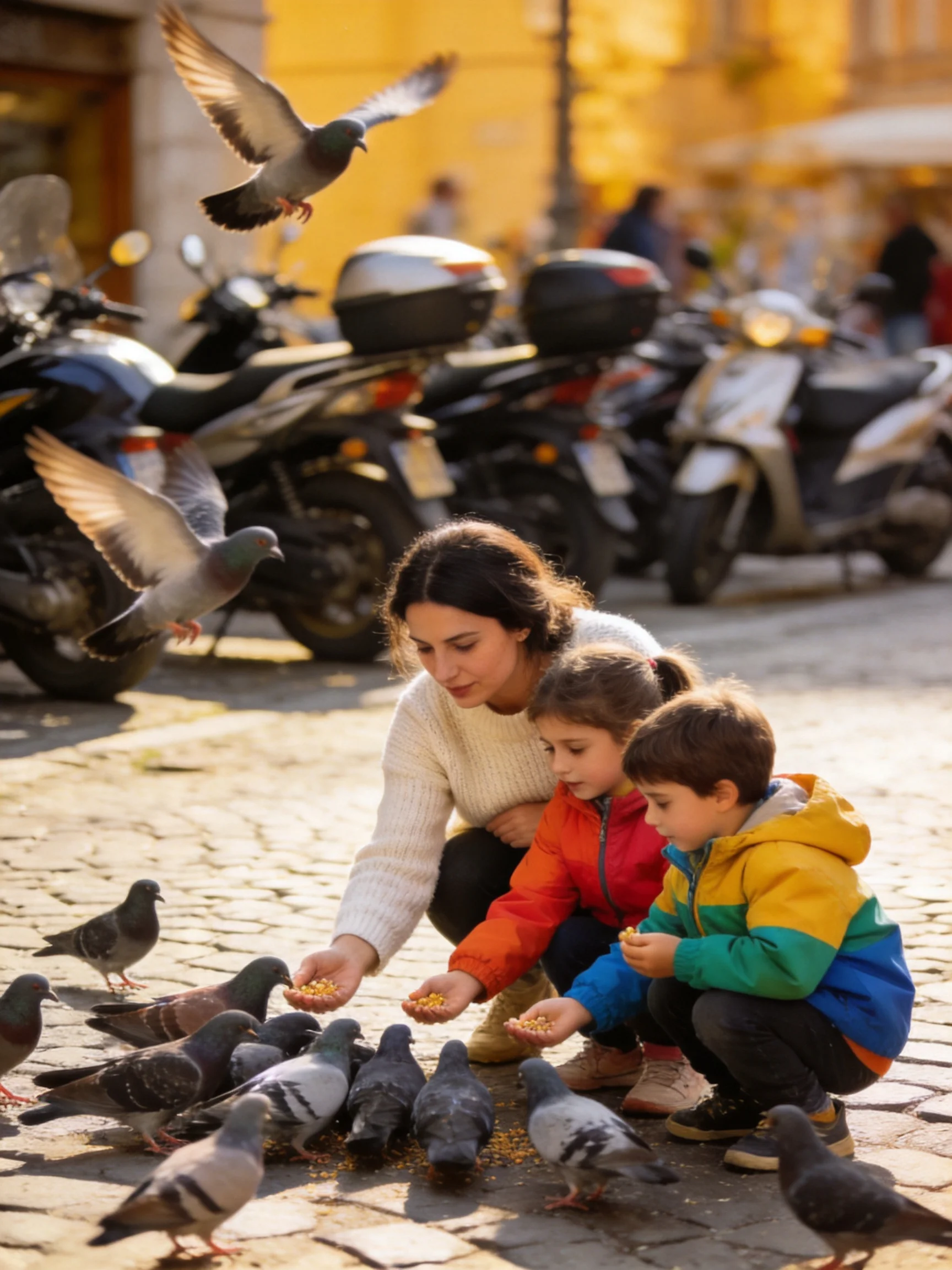A woman and two children feed pigeons on a sunlit cobblestone street