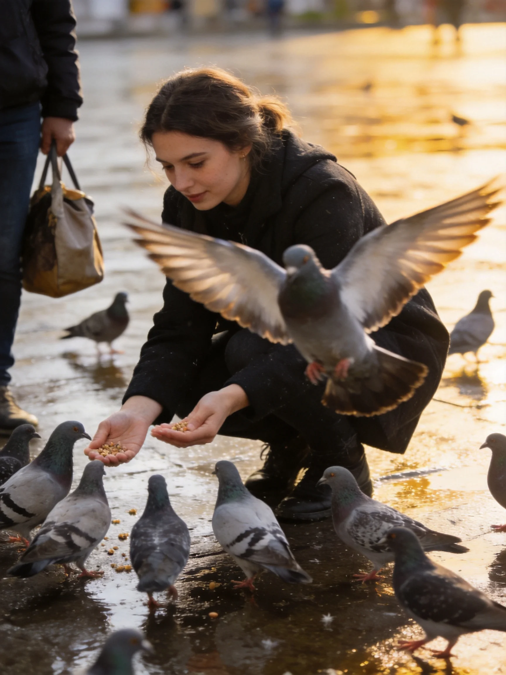 A woman feeds many gray pigeons on a wet, golden street