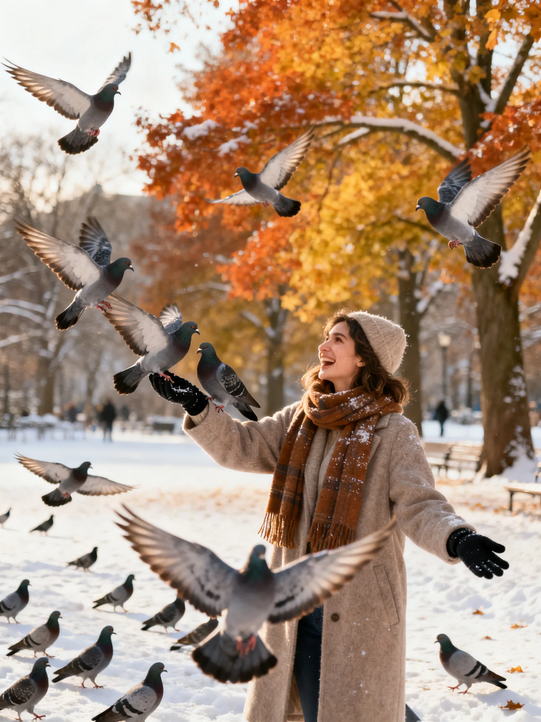 A woman feeds pigeons in a snow-dusted autumn park