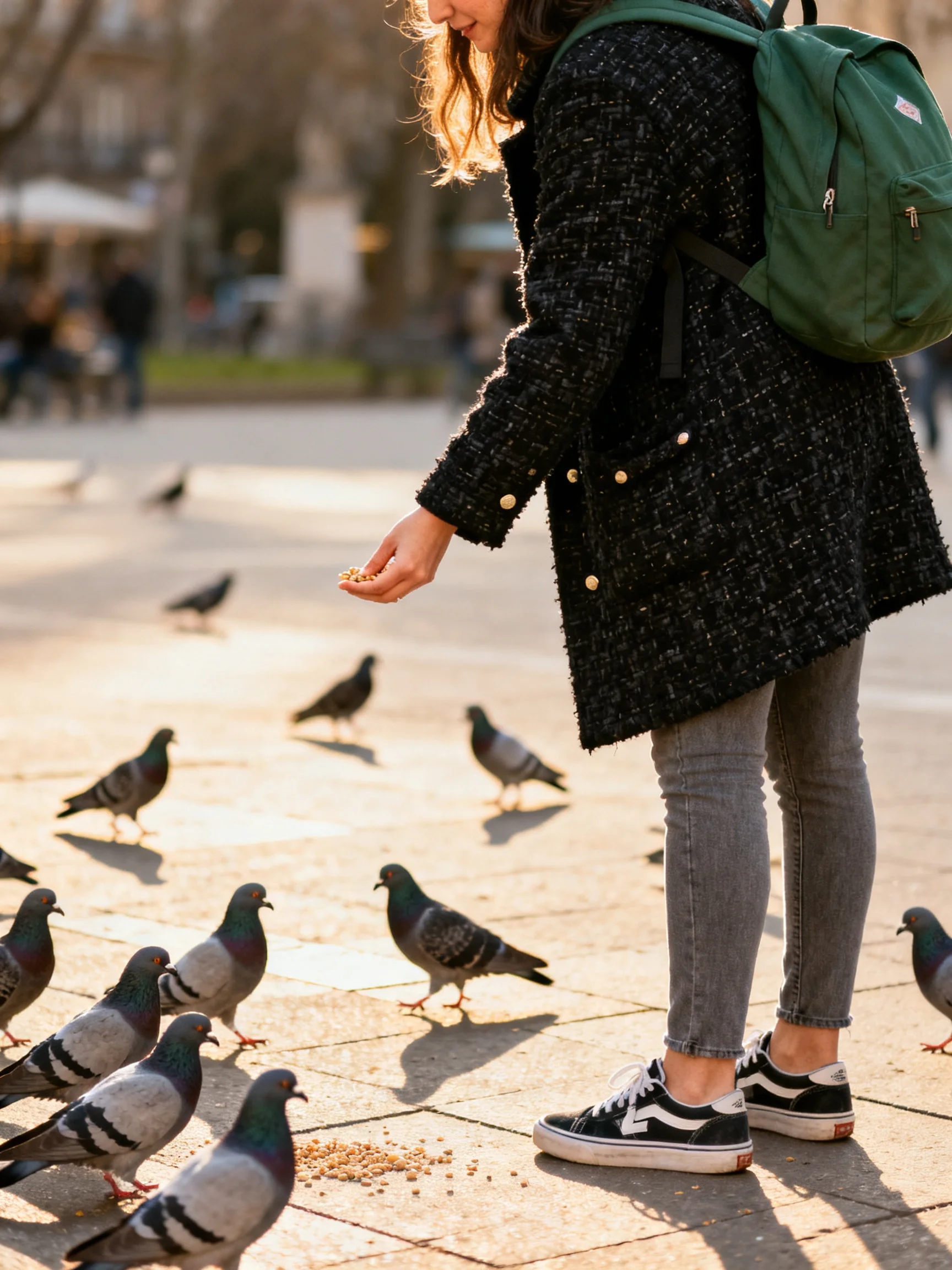 A woman in a black coat feeds many pigeons with a green backpack