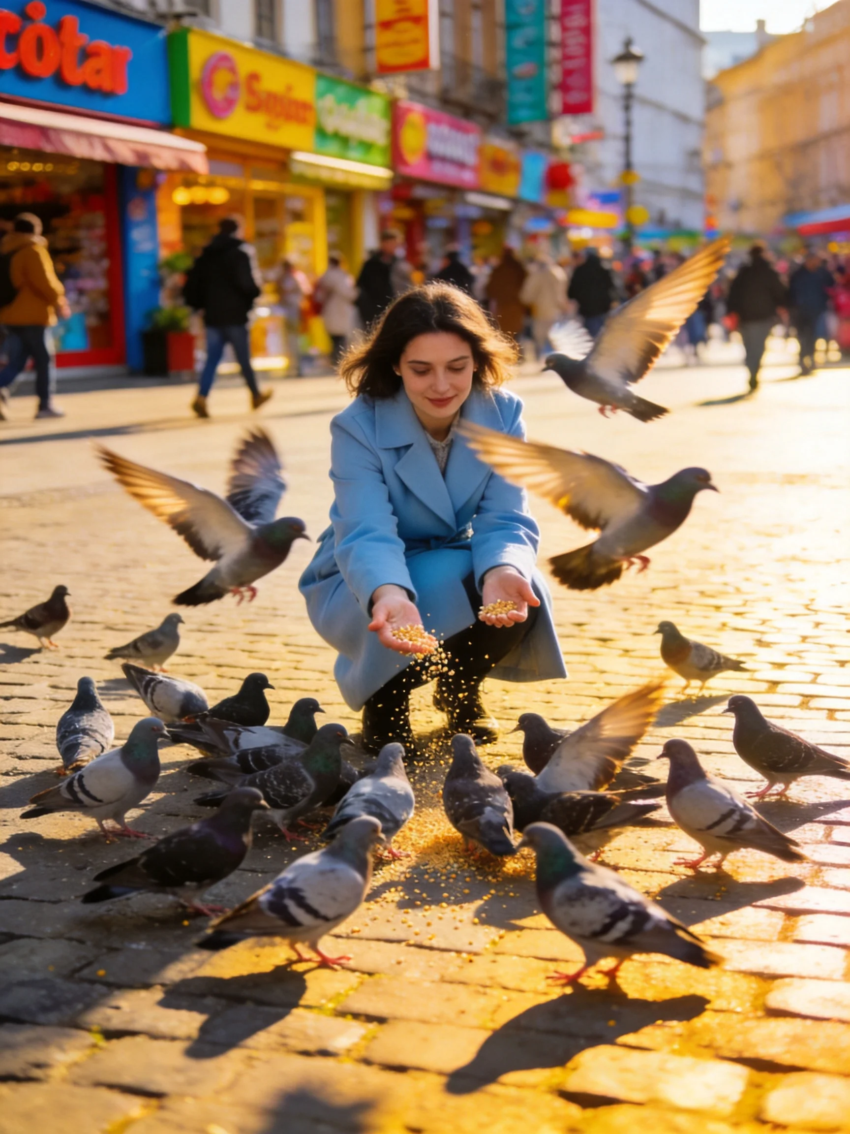 A woman in a blue coat feeds pigeons on a cobblestone street