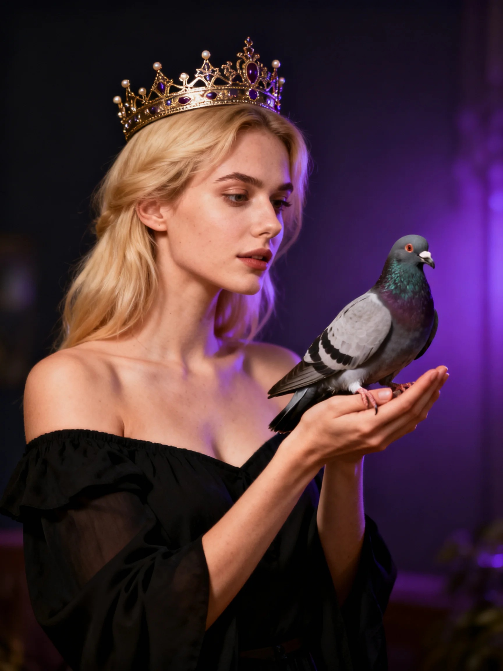 A woman in a golden crown holds a gray pigeon in a purple - lit setting