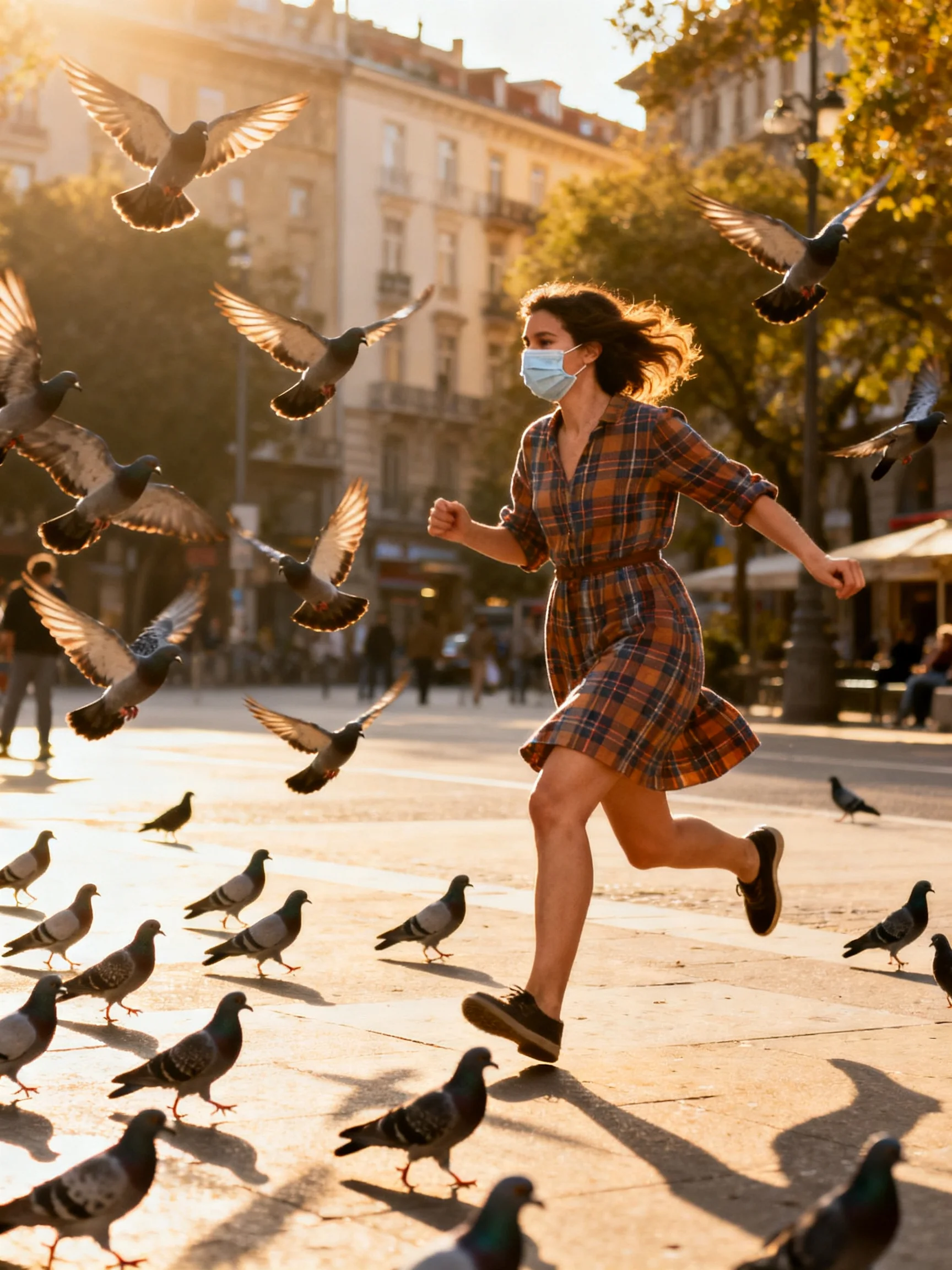 A woman in a plaid dress runs through a sunlit square with many pigeons