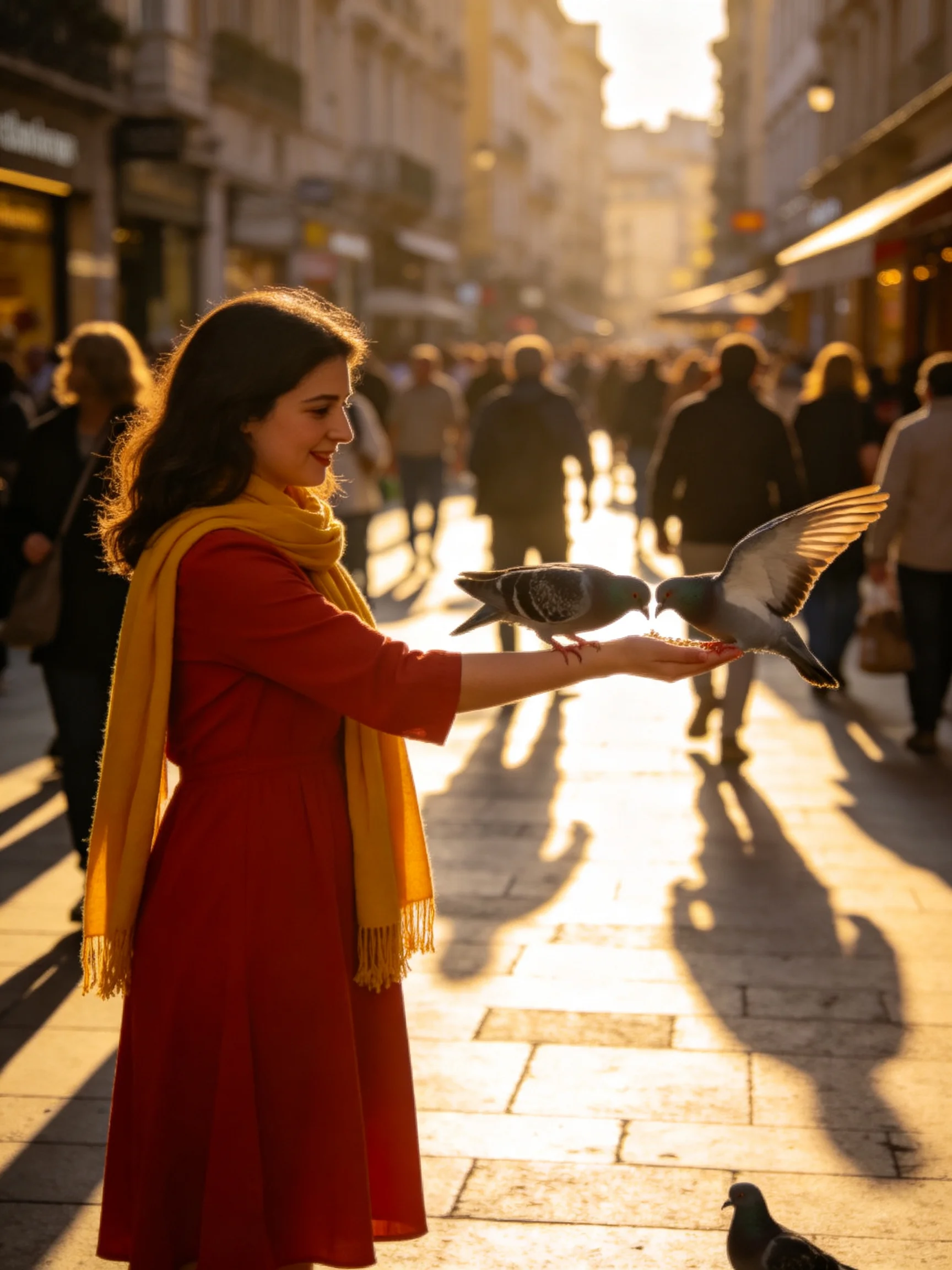 A woman in a red dress feeds two pigeons on a sunlit city street