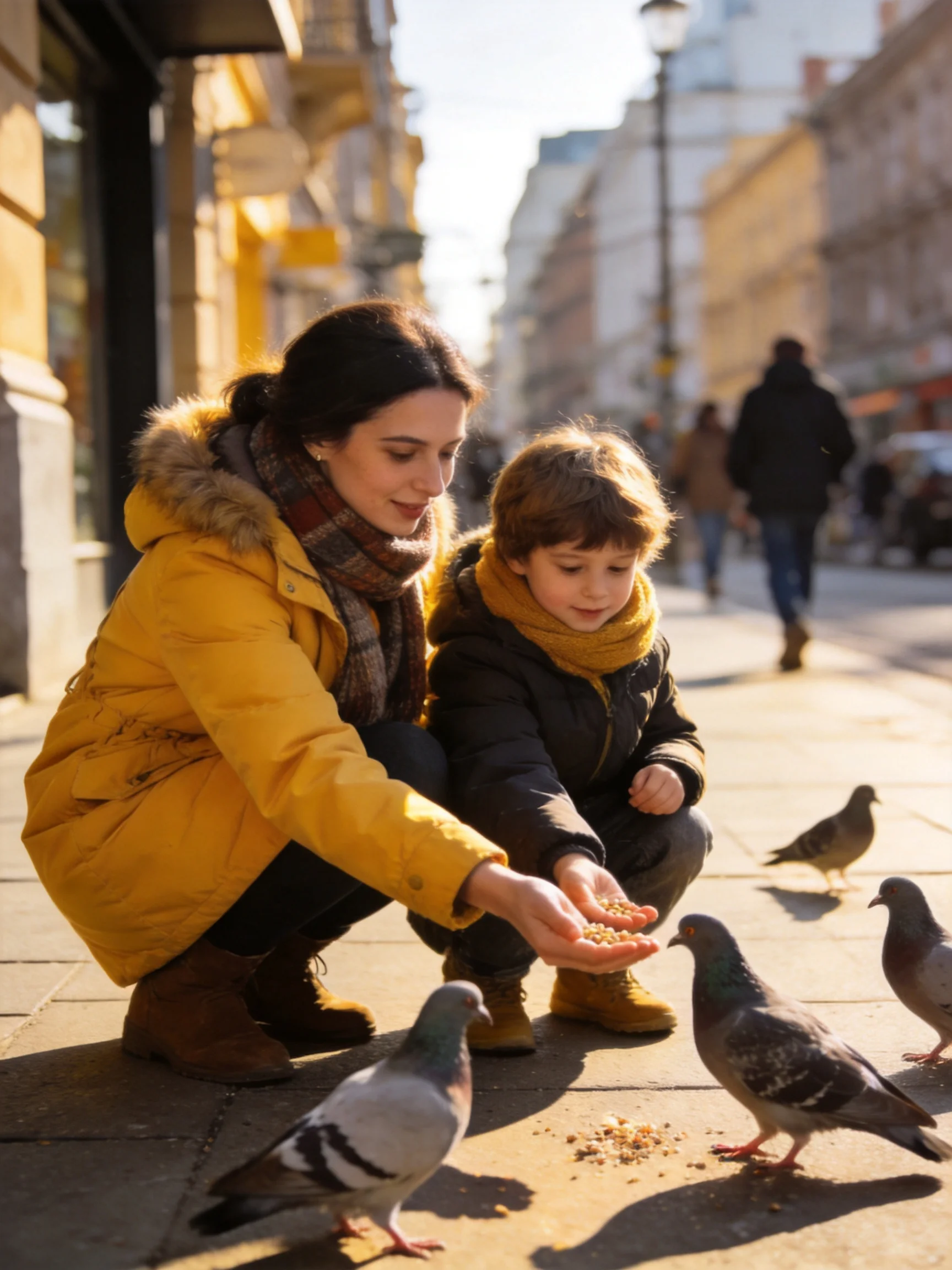 A woman in a yellow coat feeds pigeons with a child on a sunny city sidewalk.