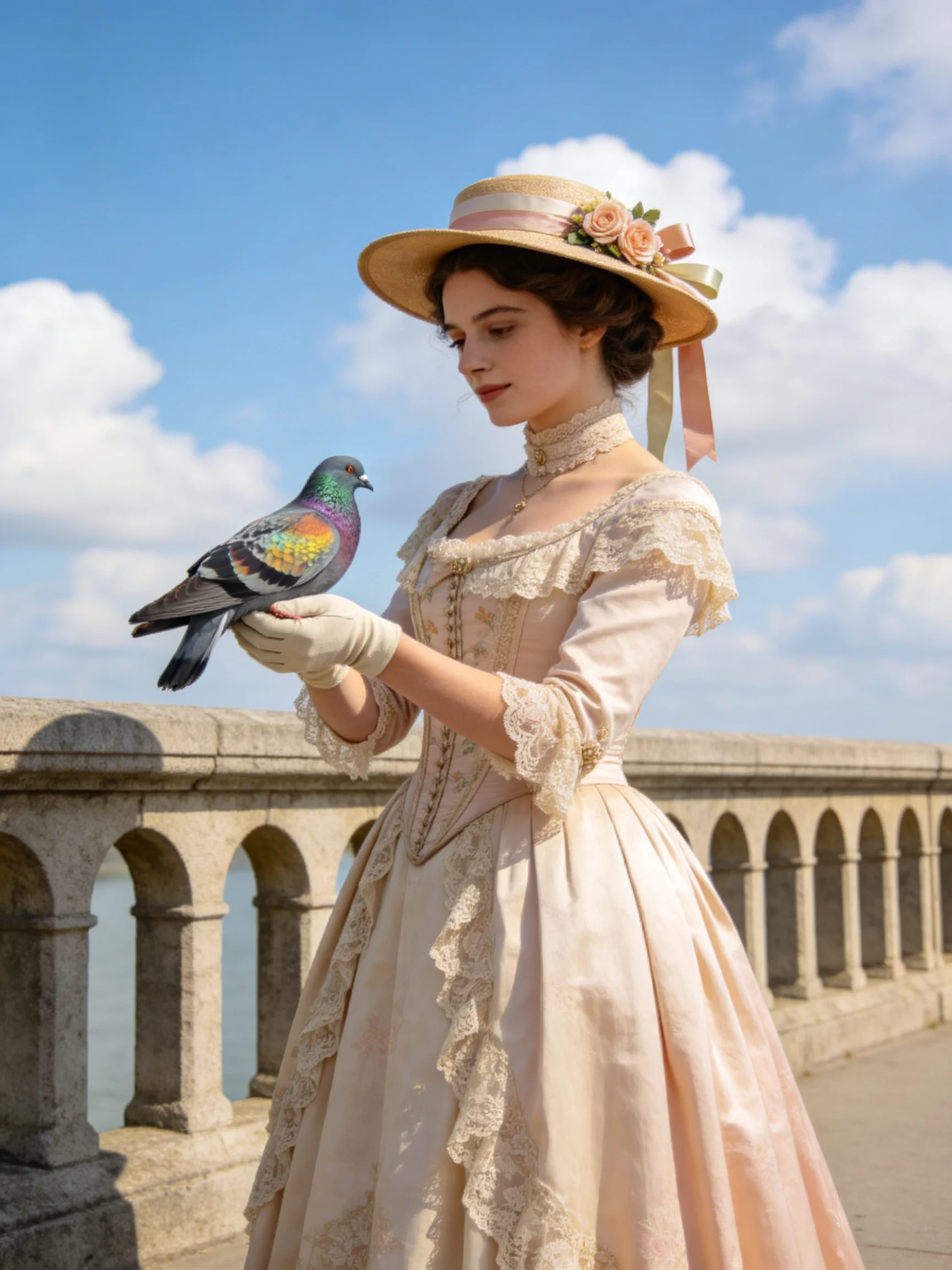 A woman in an ornate cream dress holds a multicolored pigeon near a stone bridge