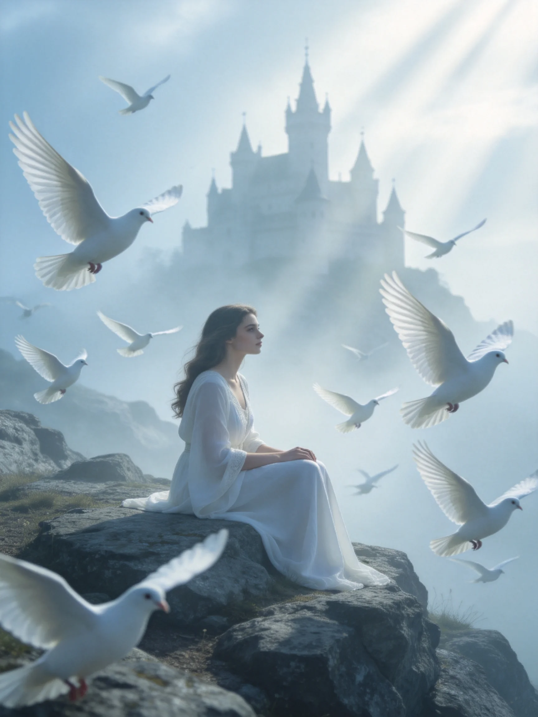 A woman in white sits among flying white doves near a misty castle