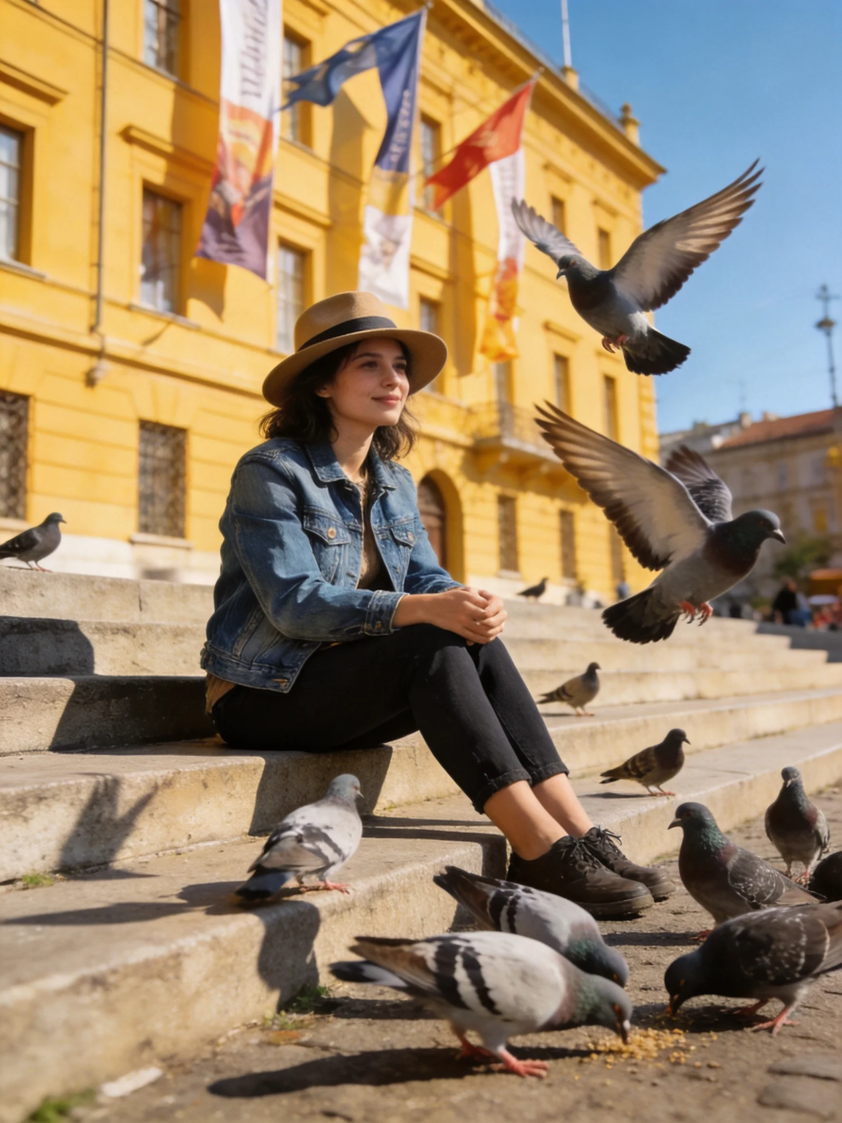 A woman sits on stone steps surrounded by pigeons near a sunny yellow building.