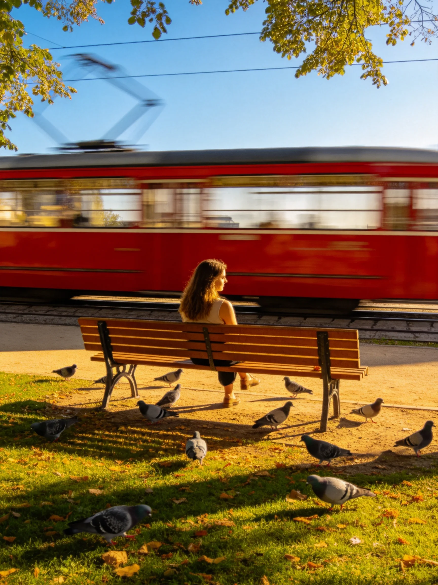 A woman sits on a wooden bench amid numerous pigeons with a red tram speeding past