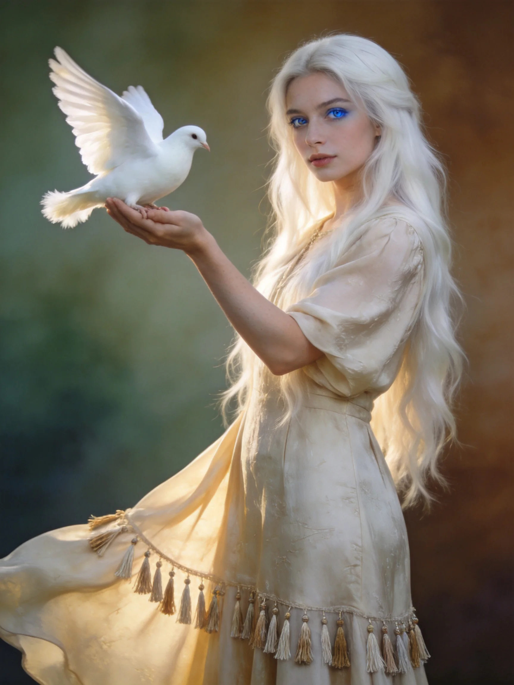A woman with long platinum hair holds a white dove in a flowing cream dress
