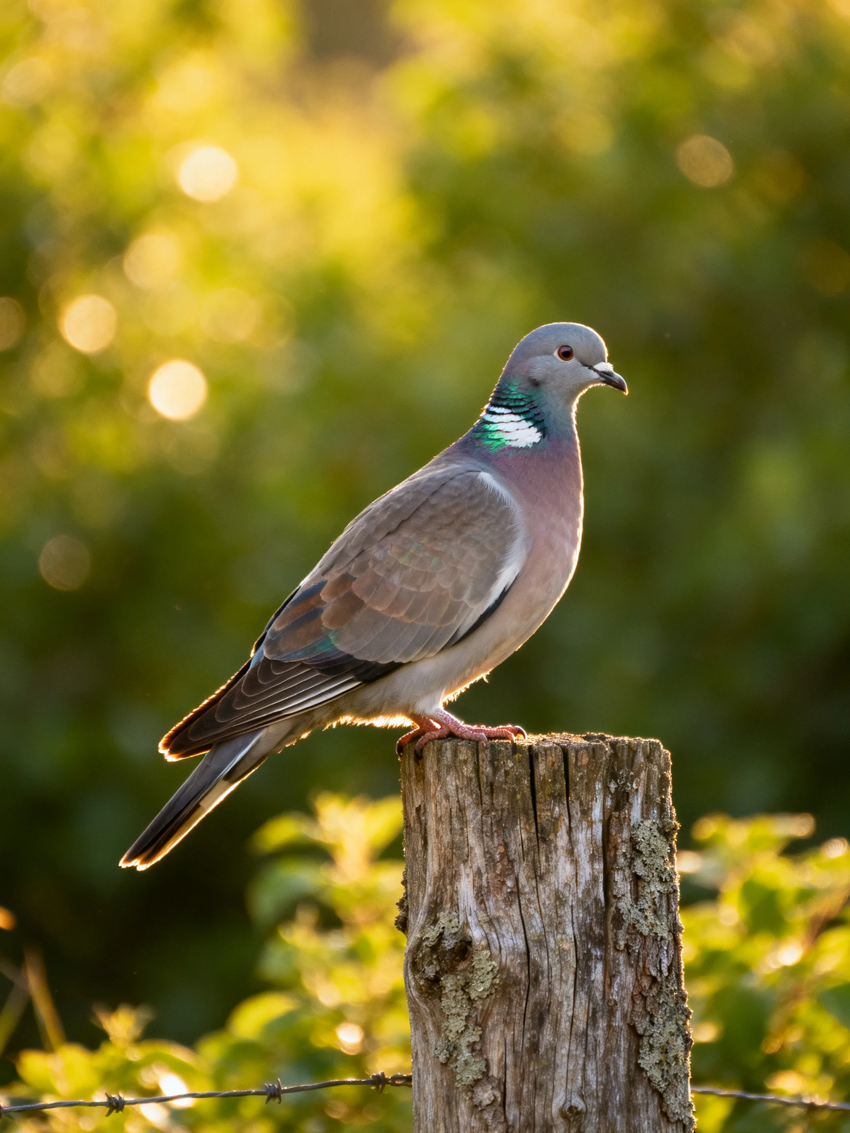 A wood pigeon perched on a weathered wooden post amid golden foliage