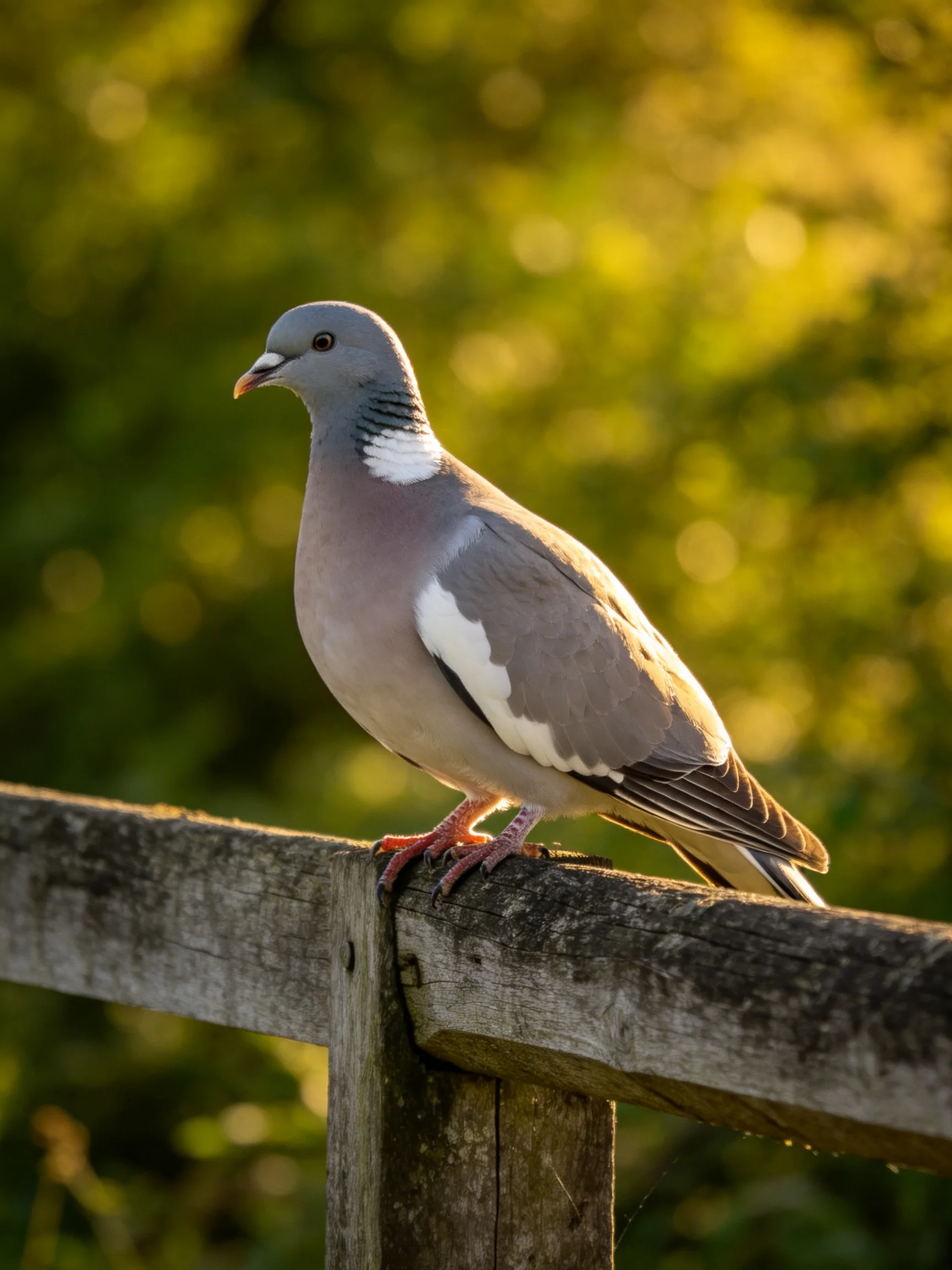 A wood pigeon perched on an aged wooden fence amid golden foliage