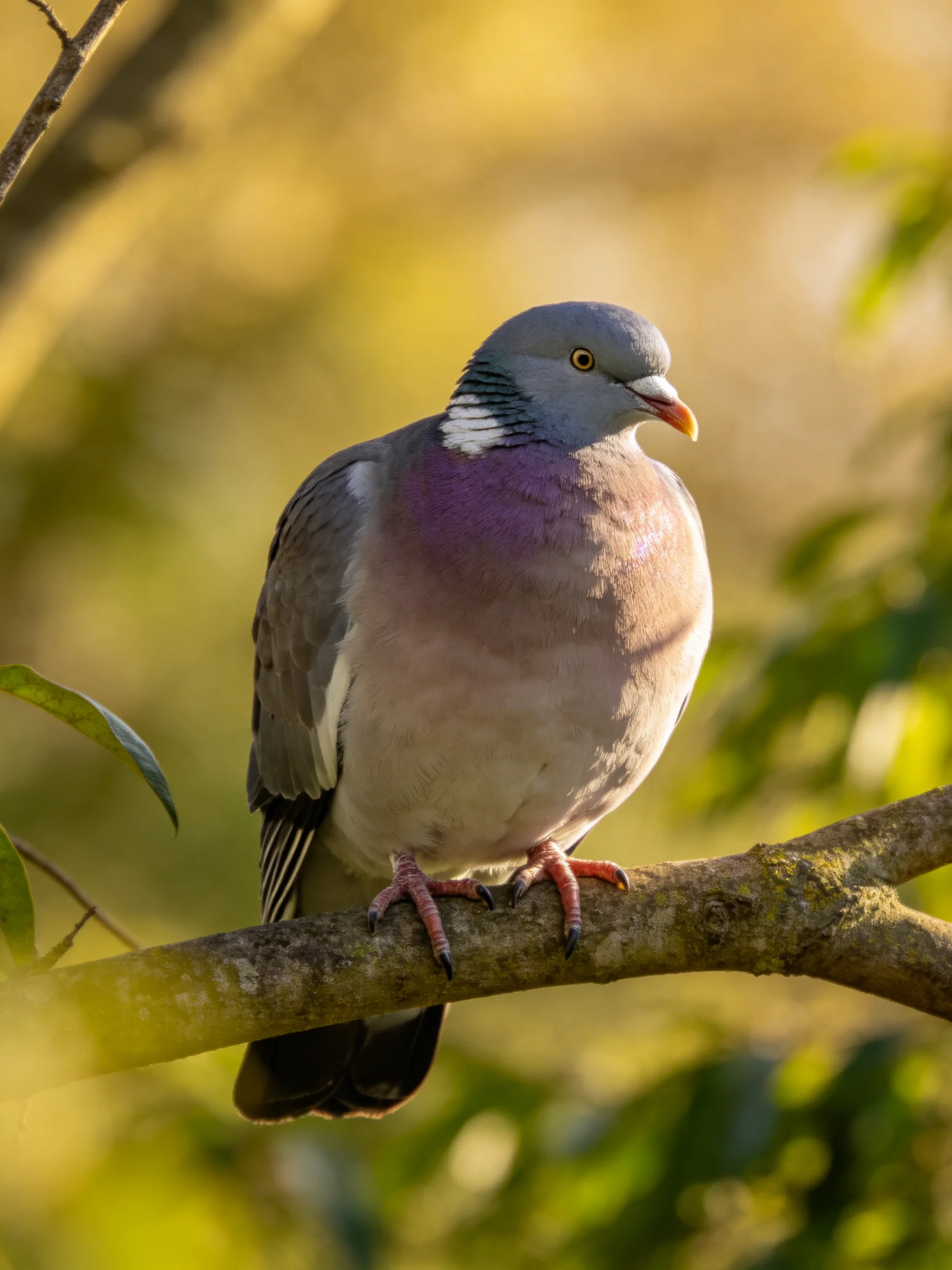 A wood pigeon with gray head and purple chest perched on a branch