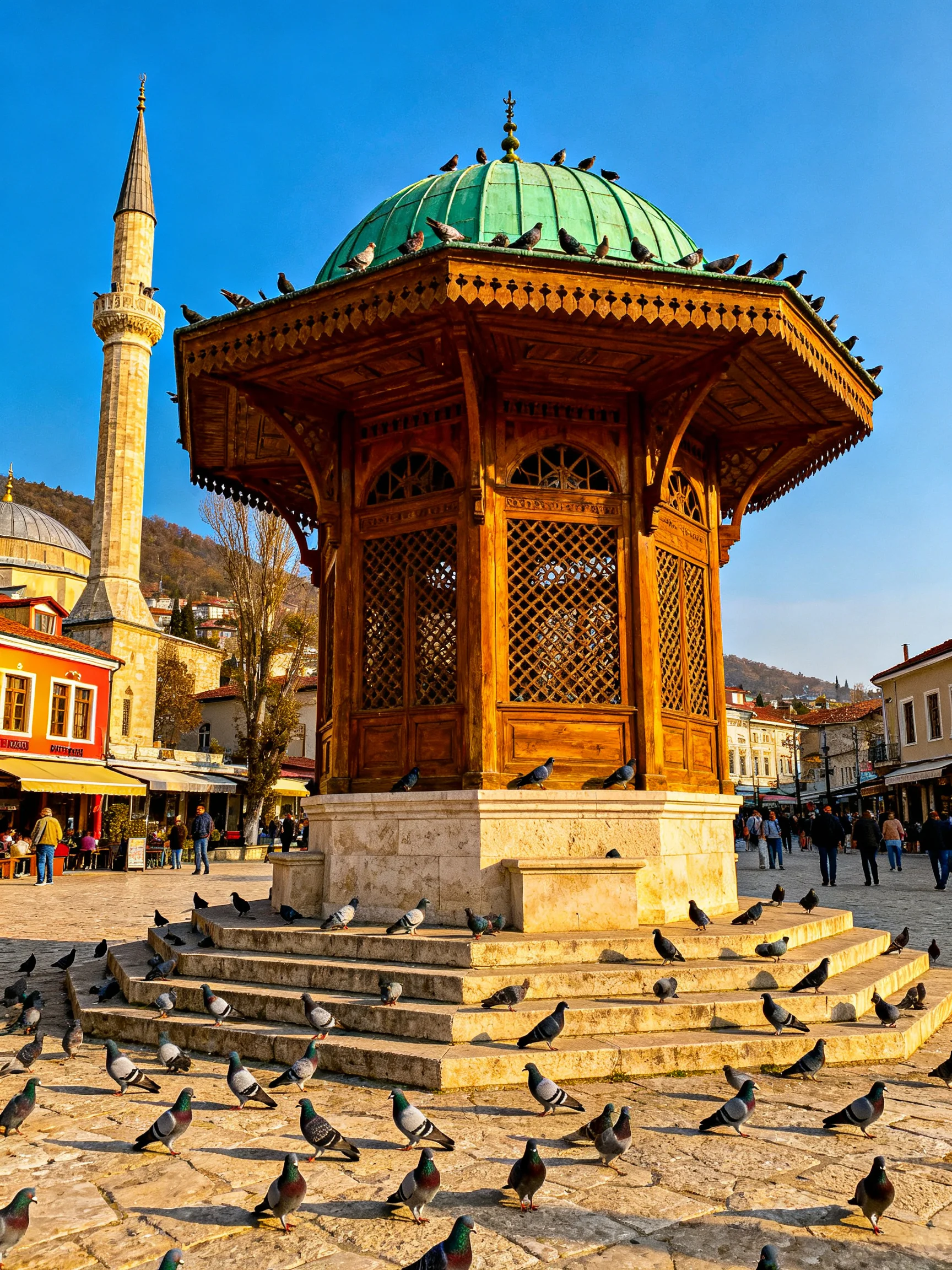 A wooden octagonal fountain with green dome among pigeons near a minaret