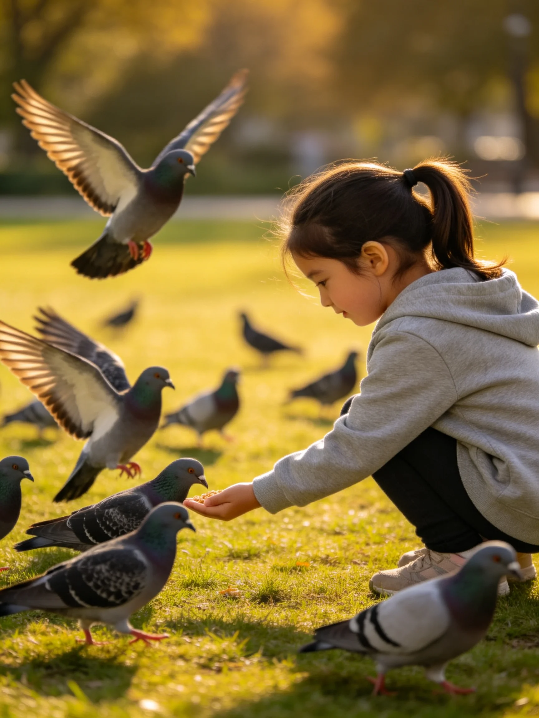 A young girl feeds pigeons in a sunlit park