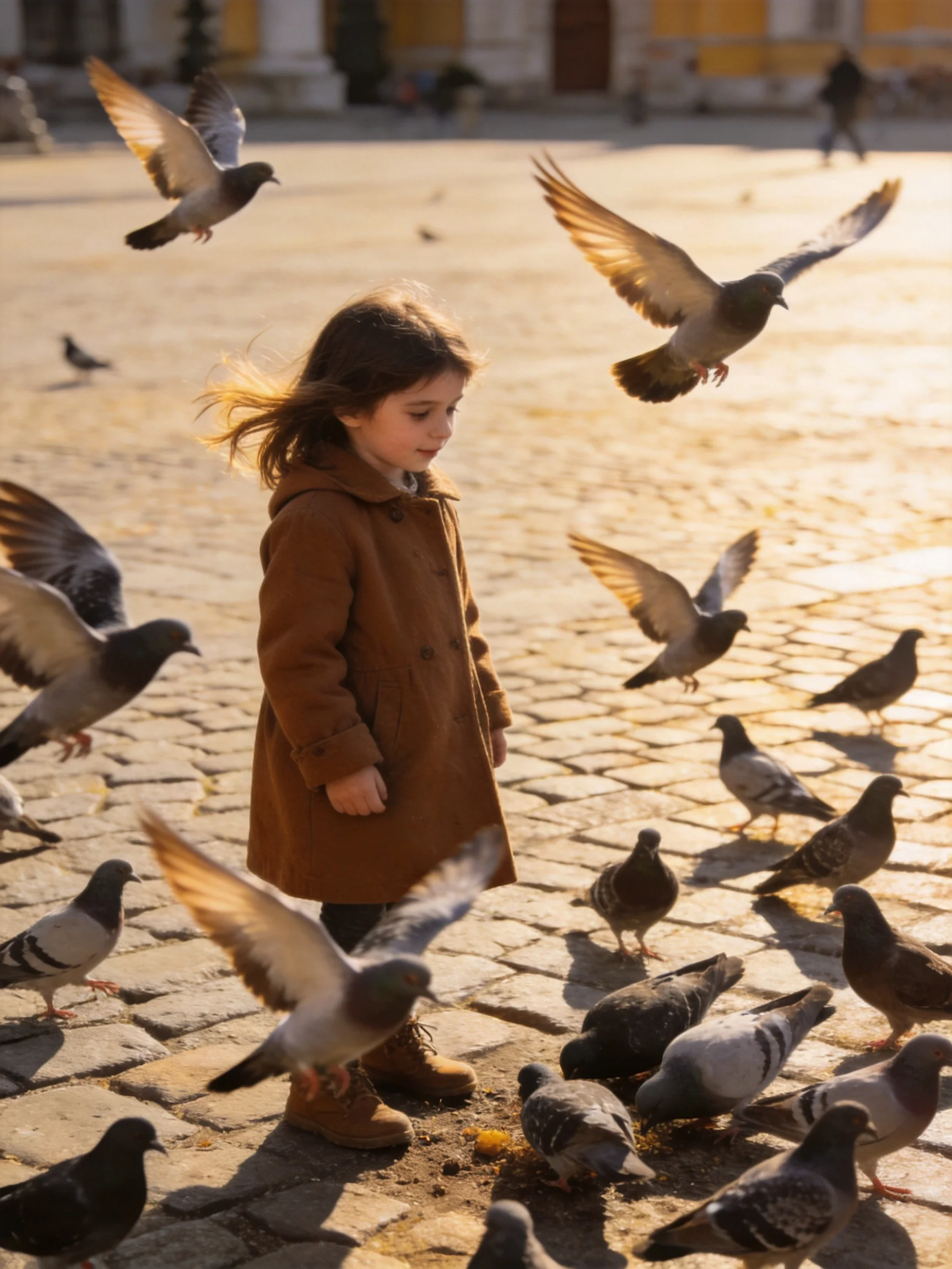 A young girl in a brown coat among many pigeons on a cobblestone square