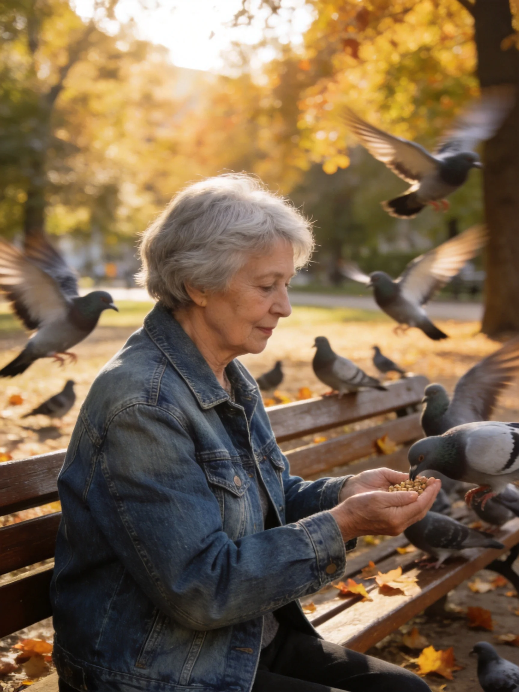 Aged woman feeding pigeons in sunlit autumn park