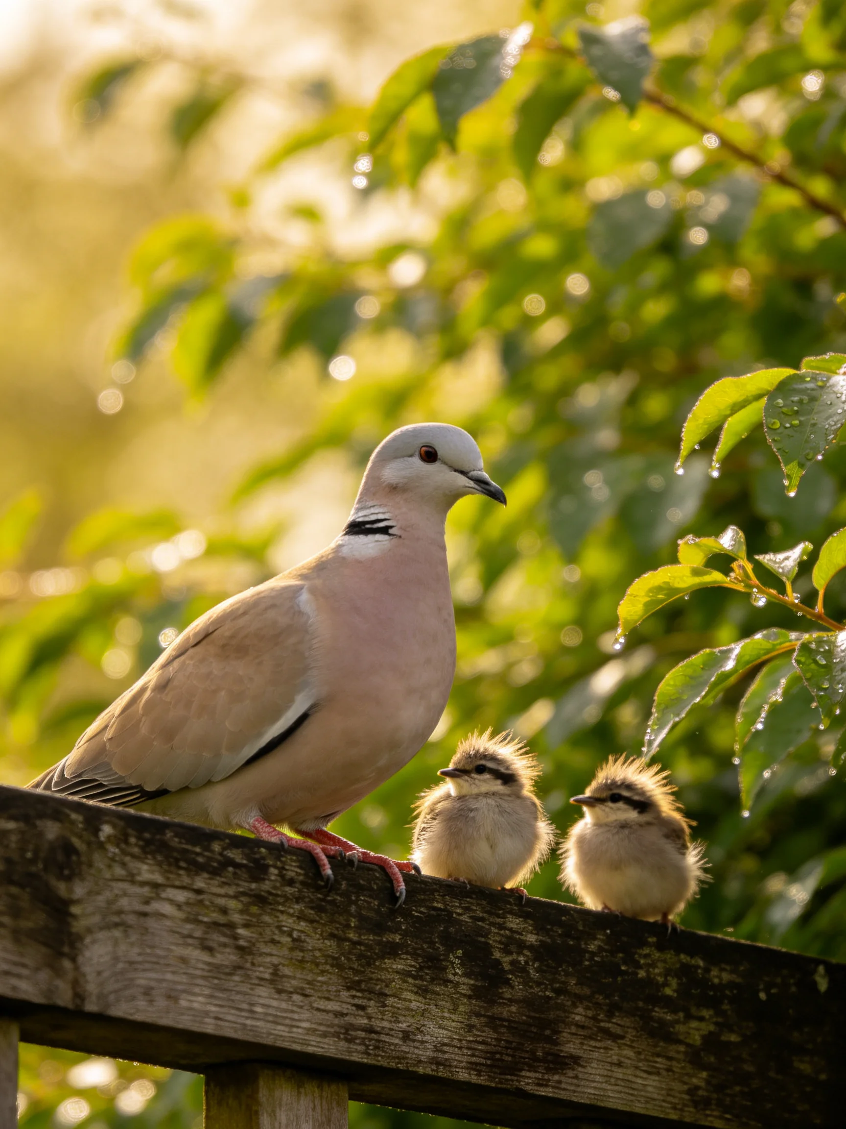 An adult dove and two chicks rest on a weathered wooden fence amidst lush greenery.