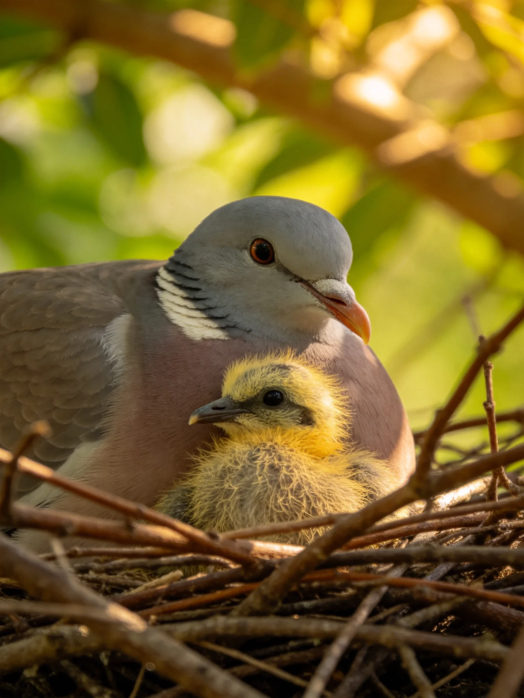 An adult gray-headed pigeon with pink chest and a fluffy yellow chick in a twig nest