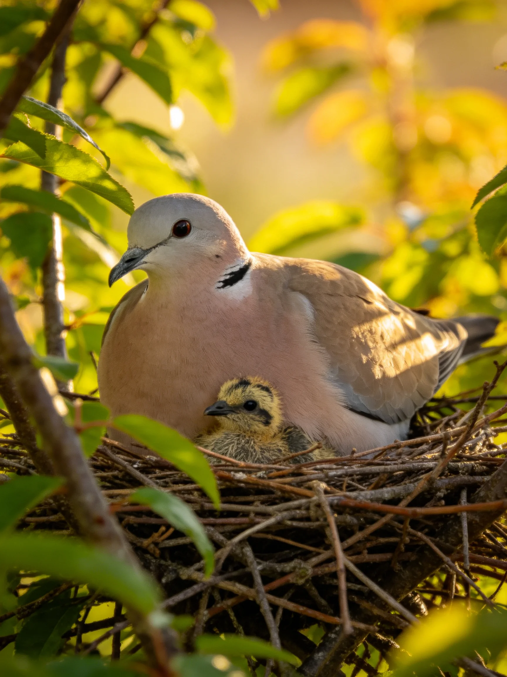 An adult pink dove and chick in a twig nest amid green foliage