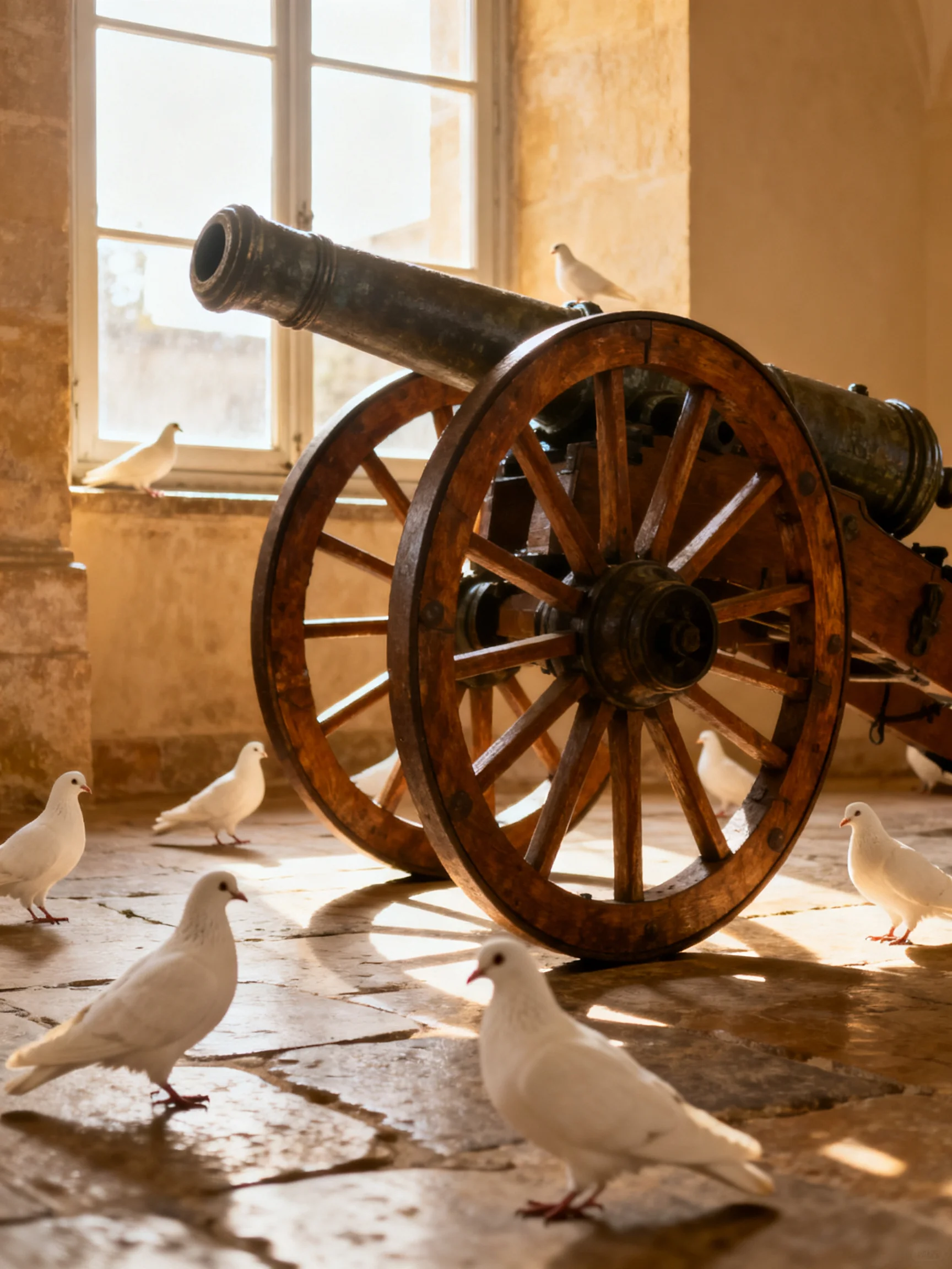 An antique cannon with large wooden wheels near white pigeons in a sunlit room