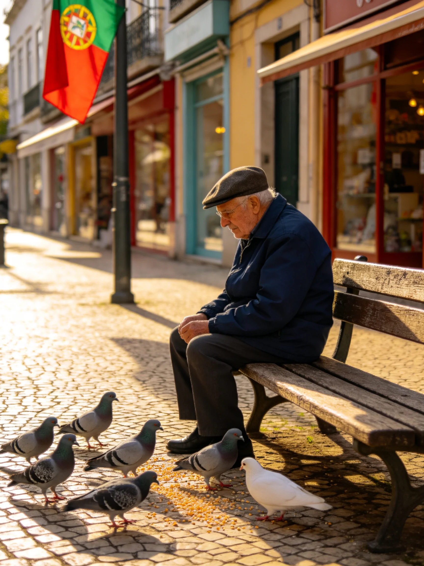 An elderly man feeding pigeons near a Portuguese flag on a cobblestone street