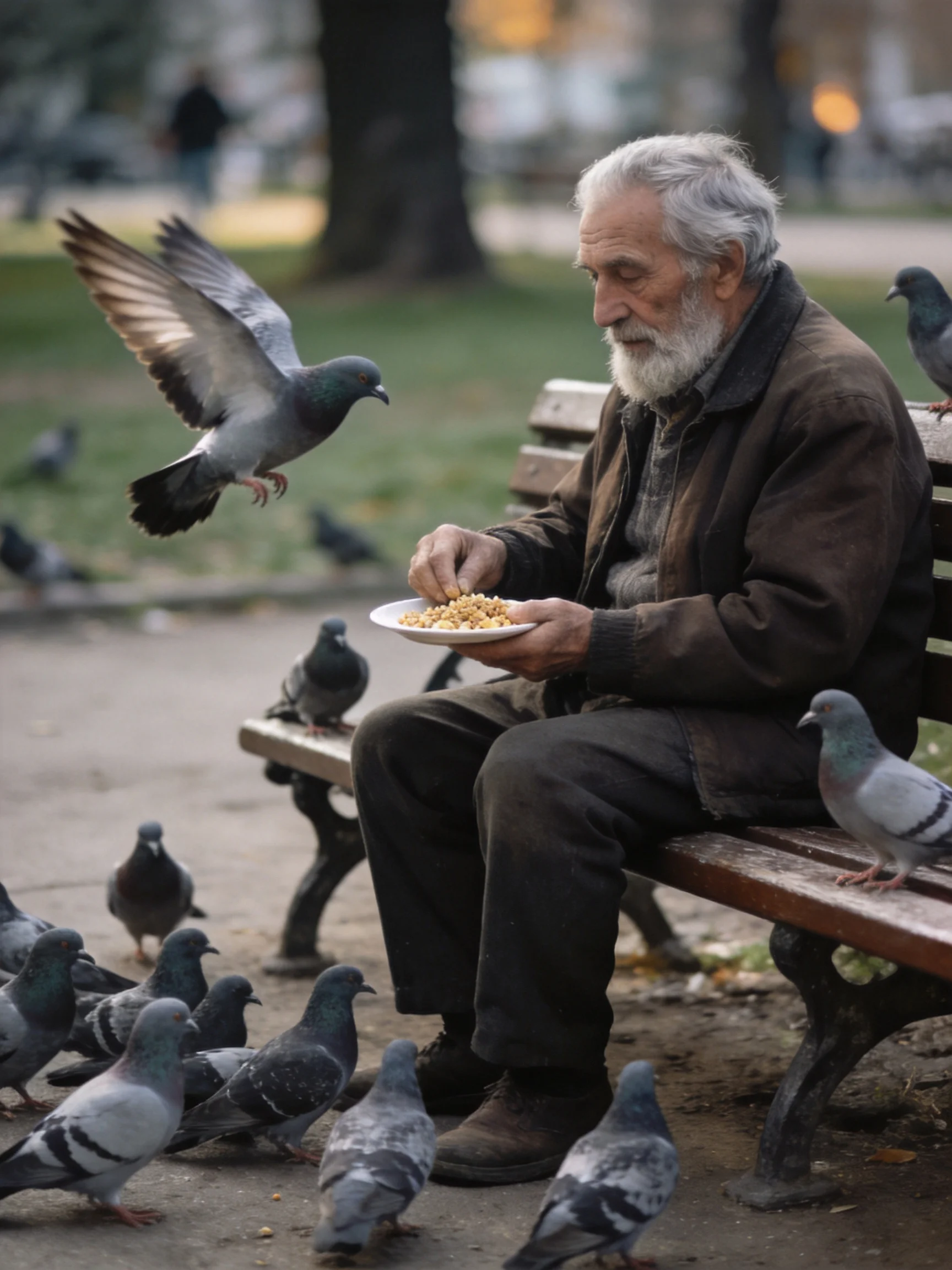 An elderly man feeds many pigeons on a park bench