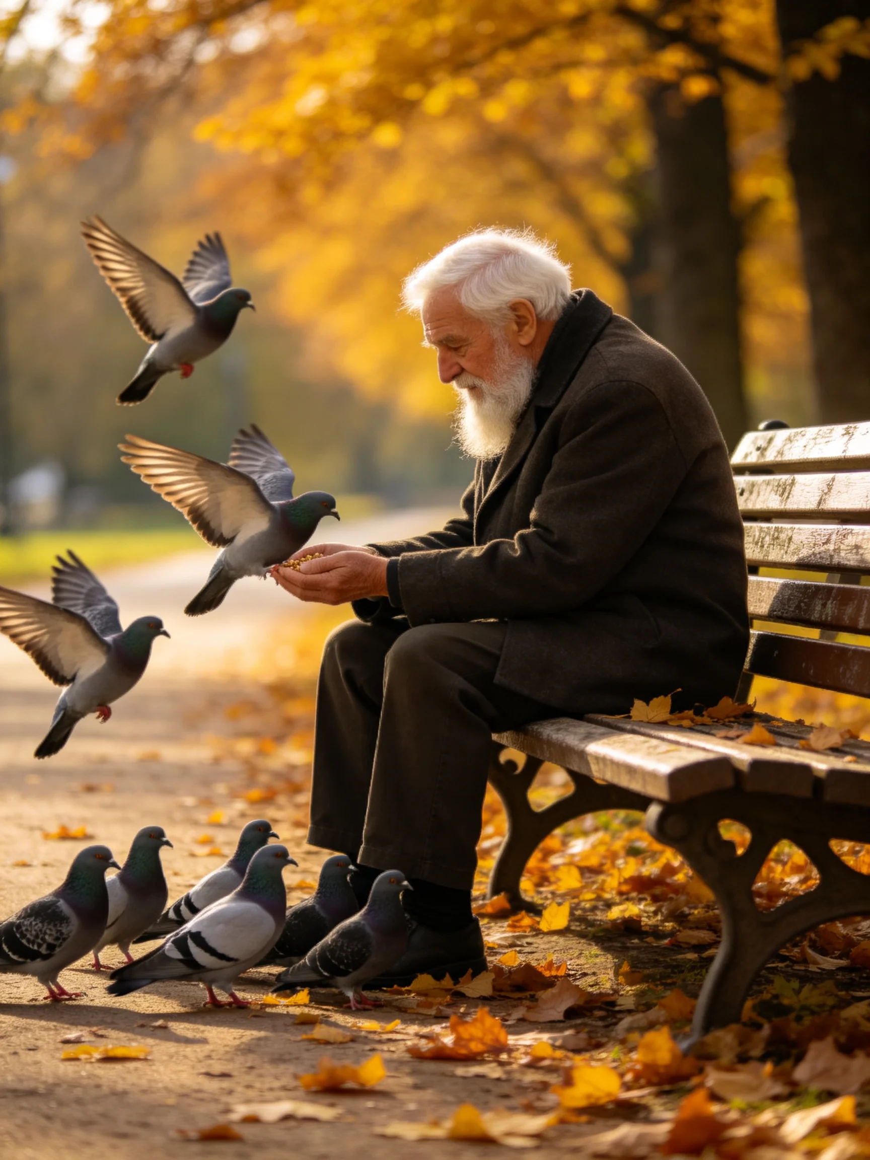 An elderly man feeds pigeons amid golden autumn foliage on a bench