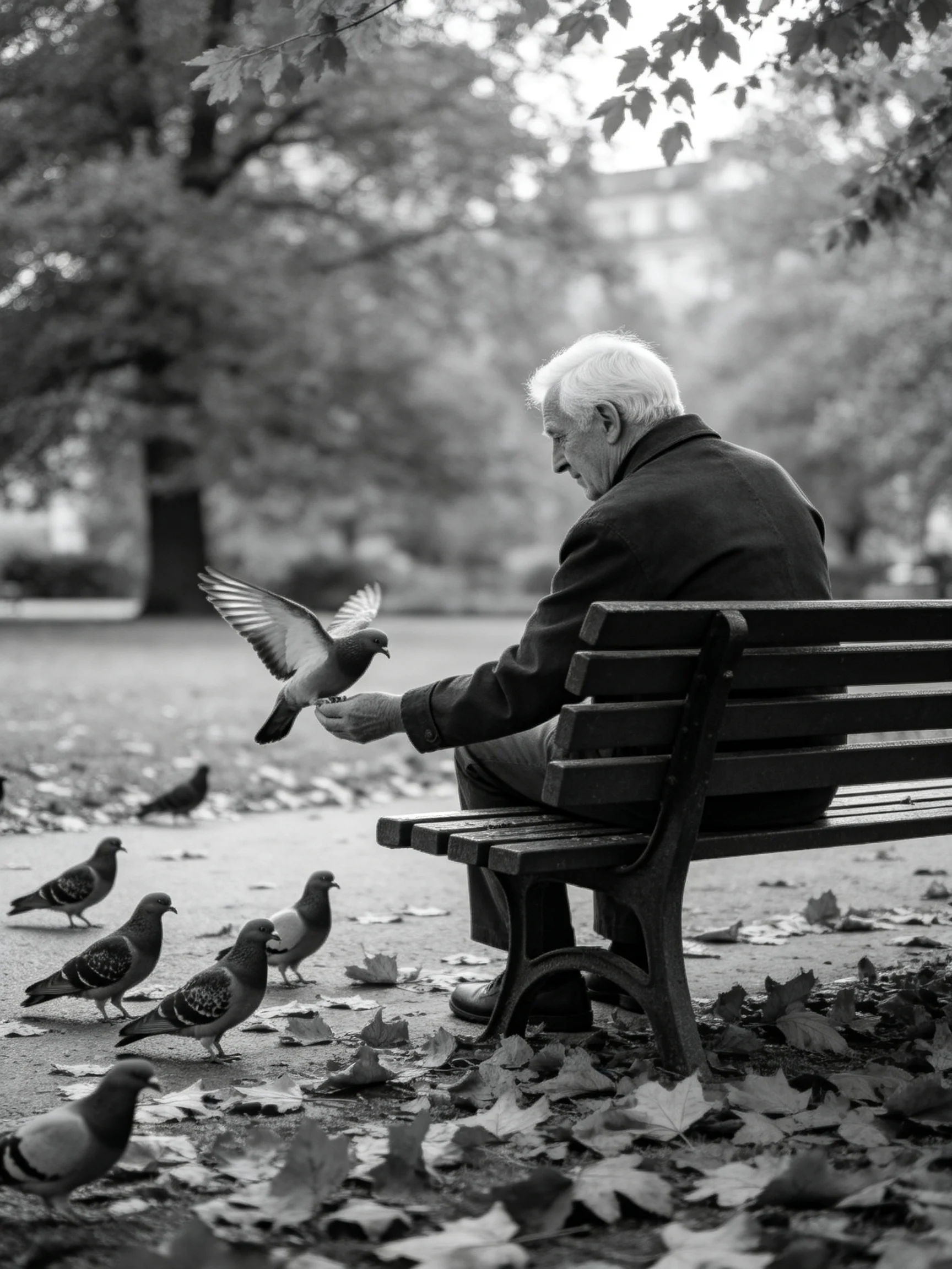 An elderly man feeds several pigeons on a wooden bench in a leafy park
