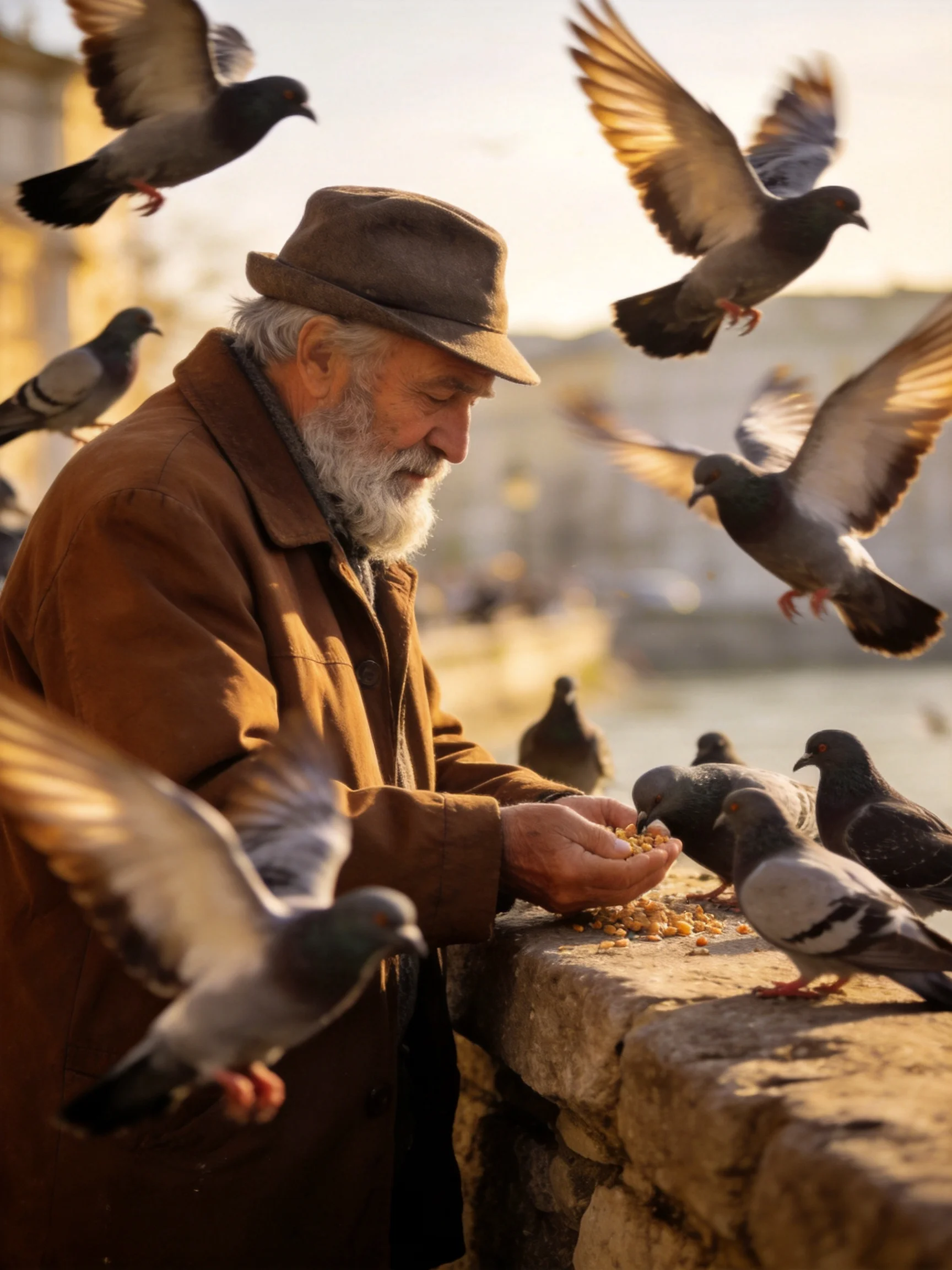 An elderly man in a brown coat feeds pigeons near a stone ledge