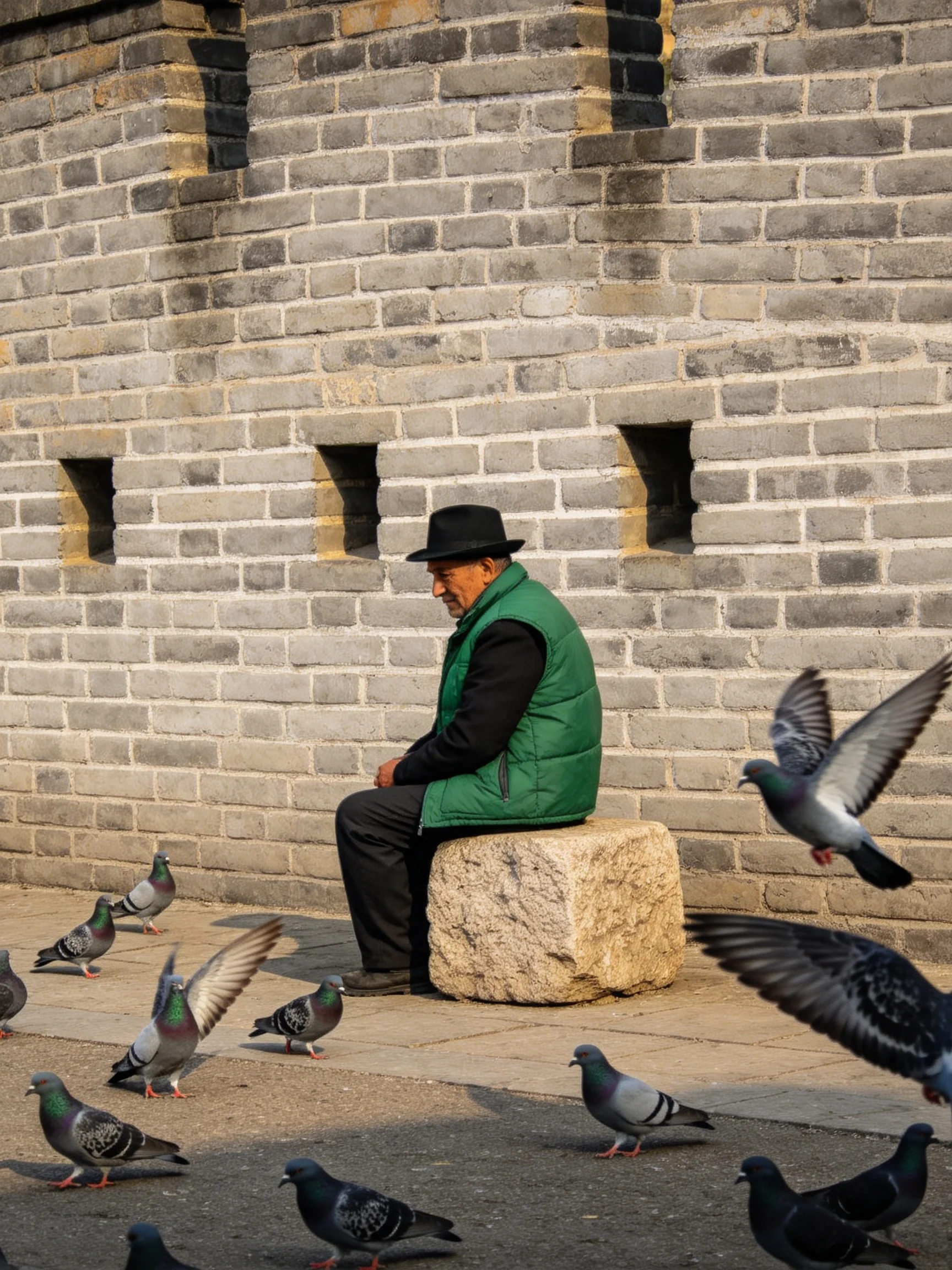 An elderly man in a green vest sits near a gray brick wall with many pigeons