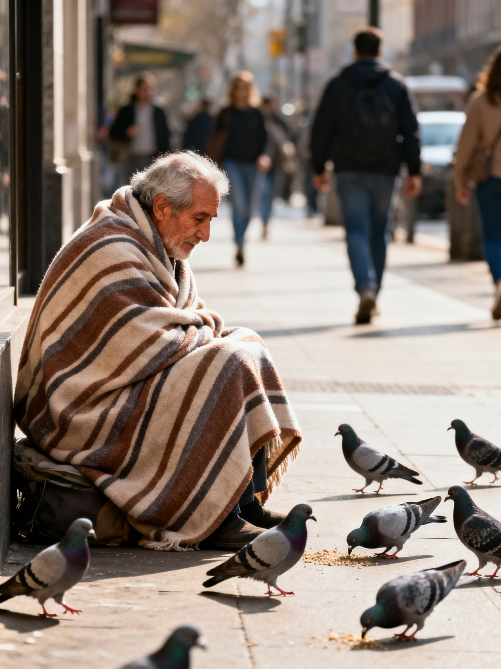 An elderly man in a striped blanket feeds pigeons on a busy city sidewalk