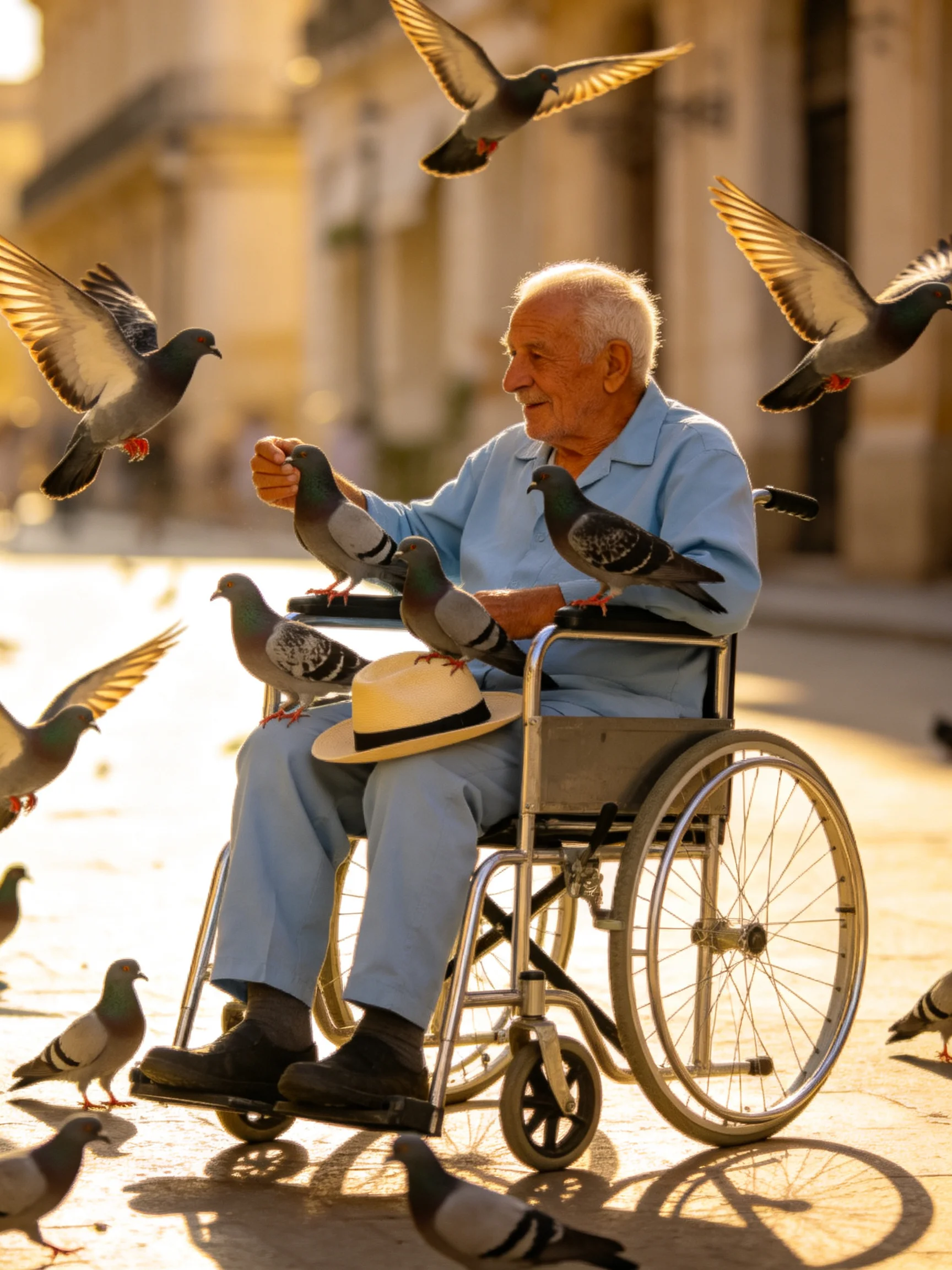 An elderly man in a wheelchair surrounded by many pigeons in a sunlit square