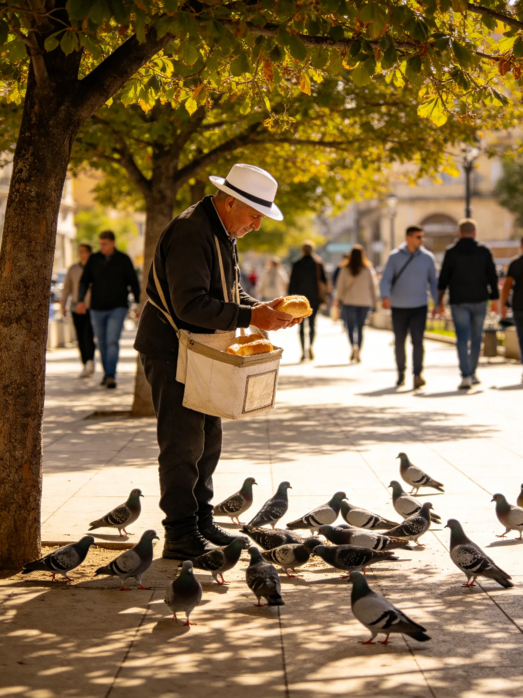 An elderly man in a white hat feeds pigeons under leafy trees on a sunlit sidewalk
